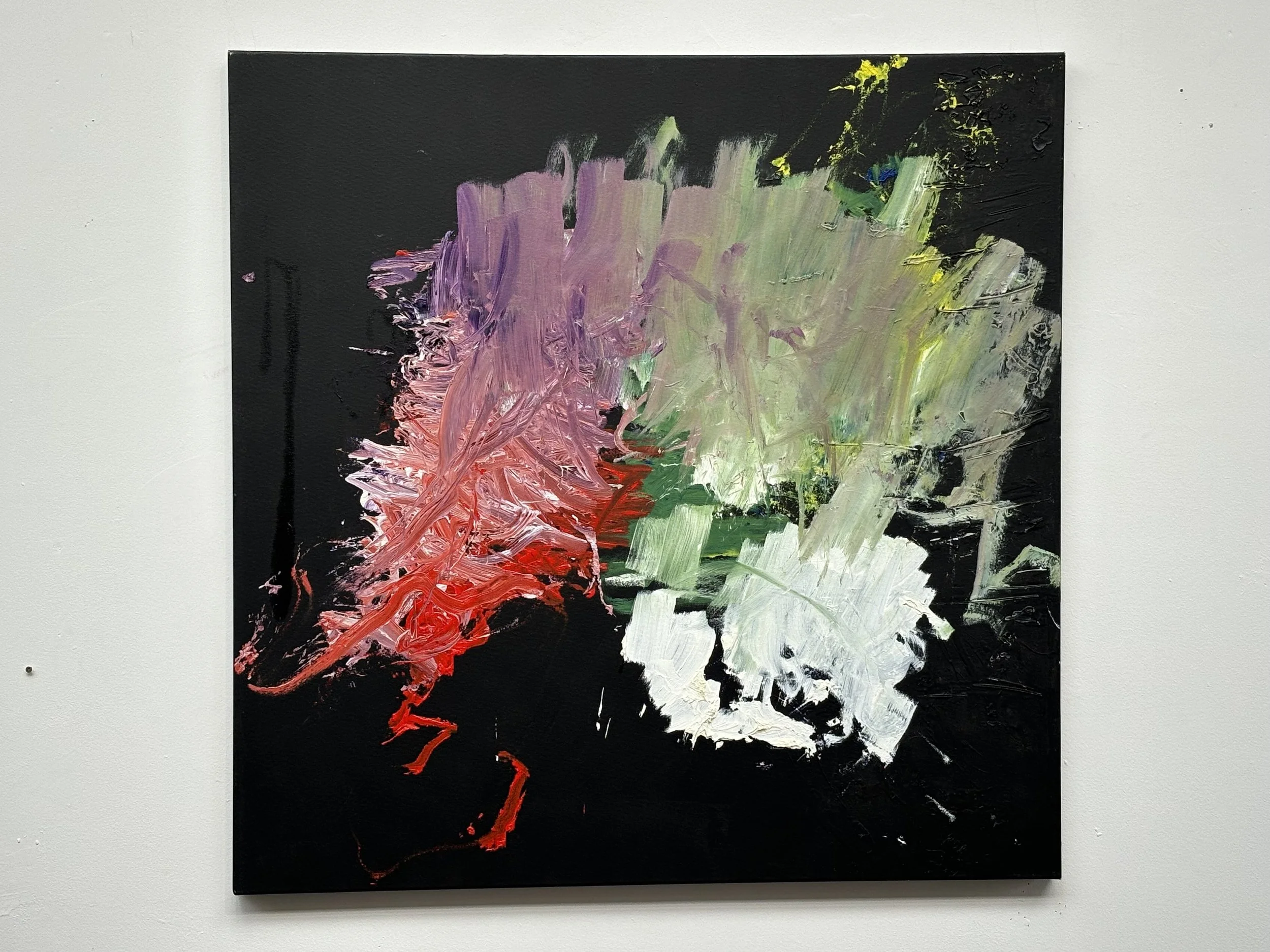 Abstract painting with bold pink, red, green, white, and yellow brushstrokes on a black background.