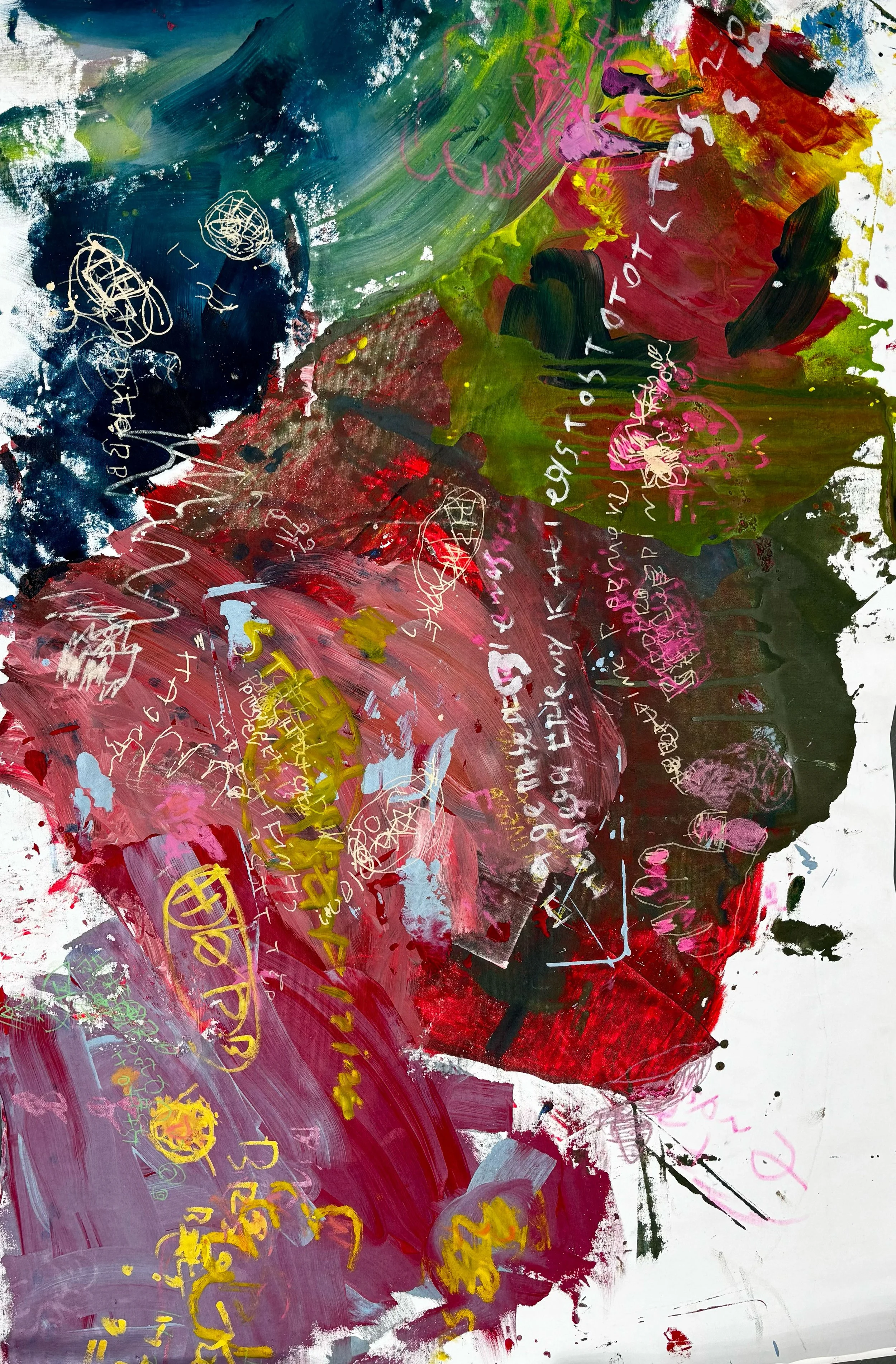 An abstract painting with vibrant colors including reds, greens, blues, and white, featuring various scribbles, doodles, and handwritten text scattered across the canvas.