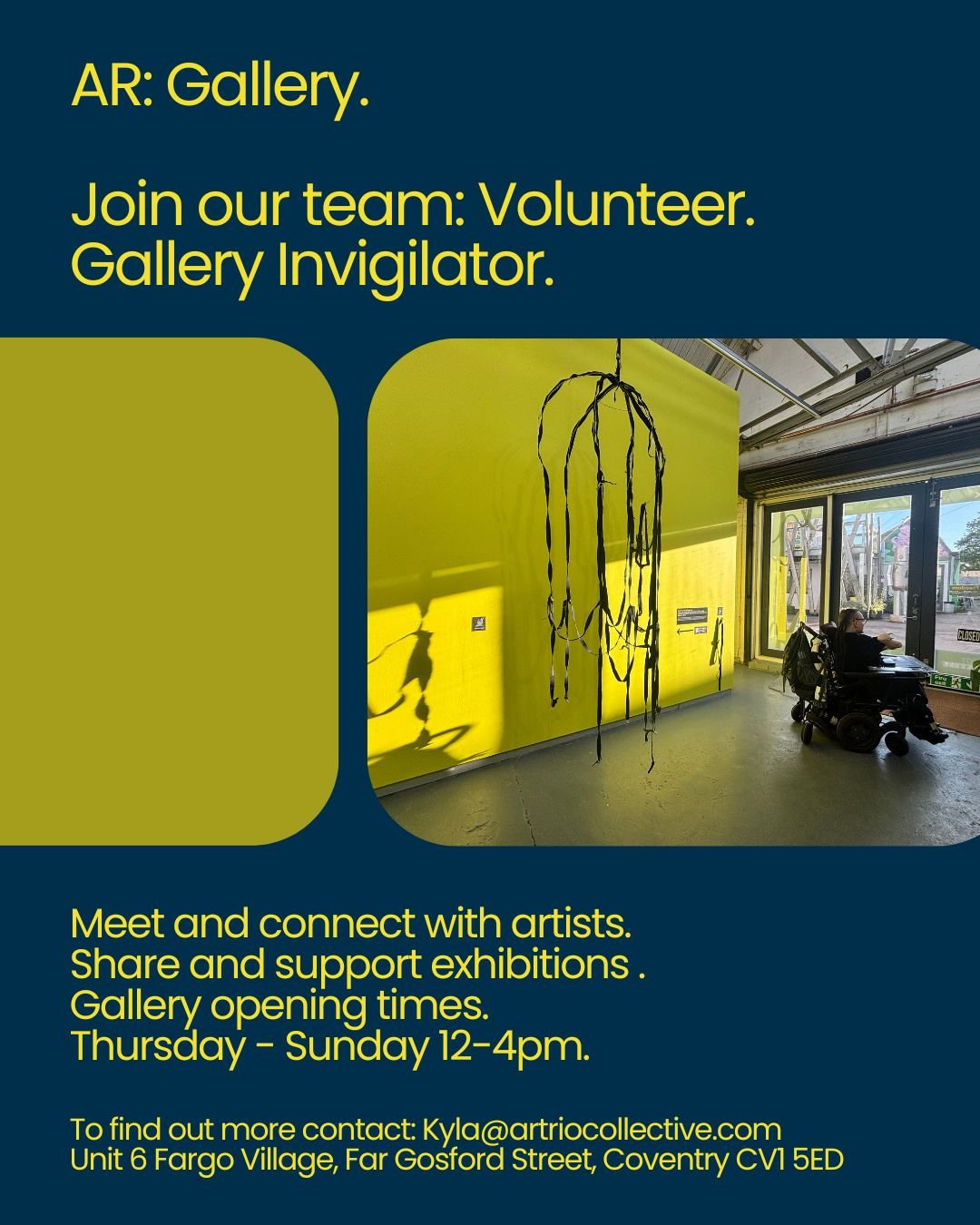 Would you like to get more involved with an accessible gallery space? @artriotcollective is looking for lovely humans to help with our gallery invigilating- which means welcome visits to the space, sharing what the exhibition is about, making sure th