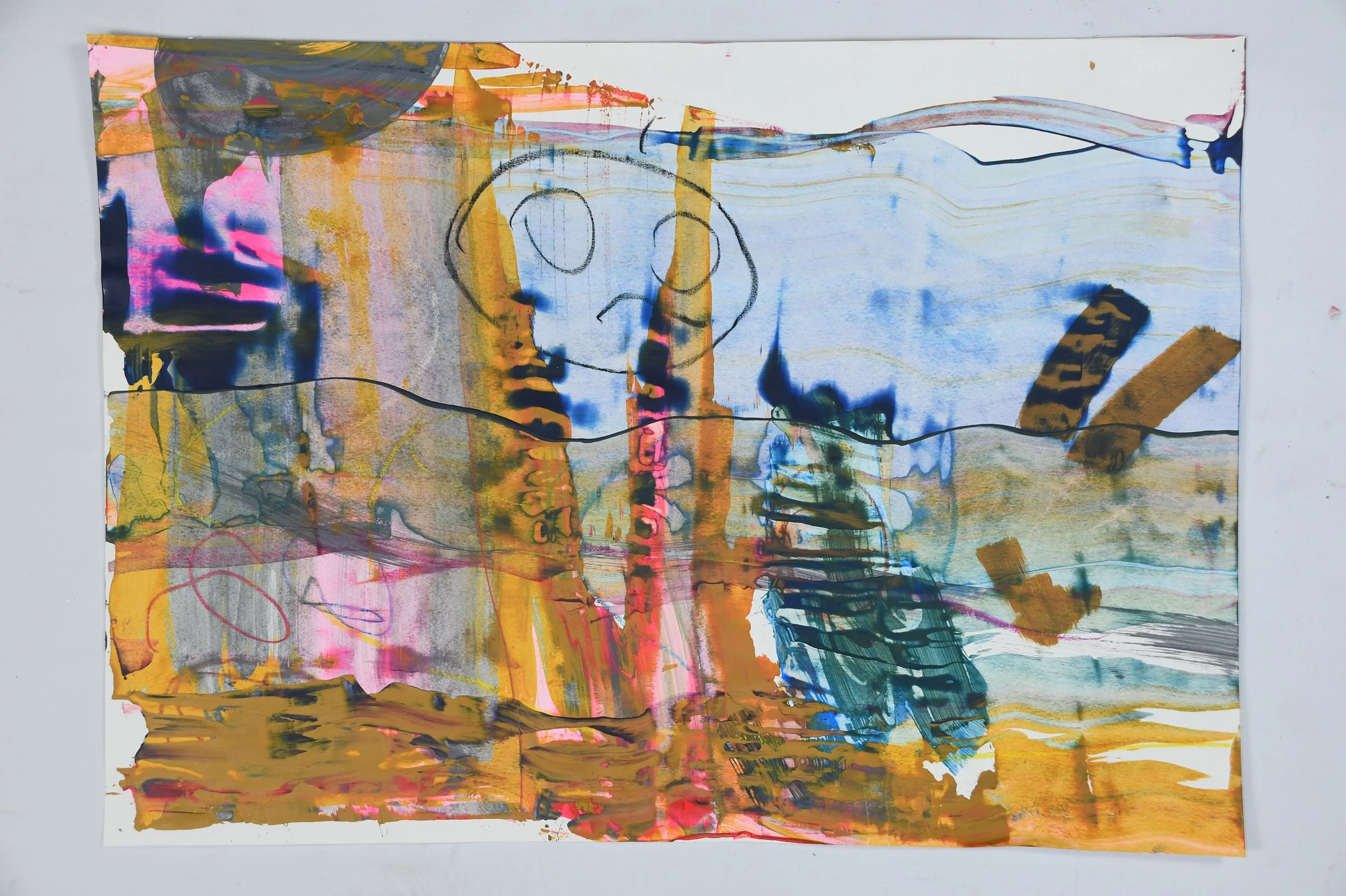 Abstract mixed media artwork with vibrant colors, bold strokes, and loose sketch-like lines on paper.