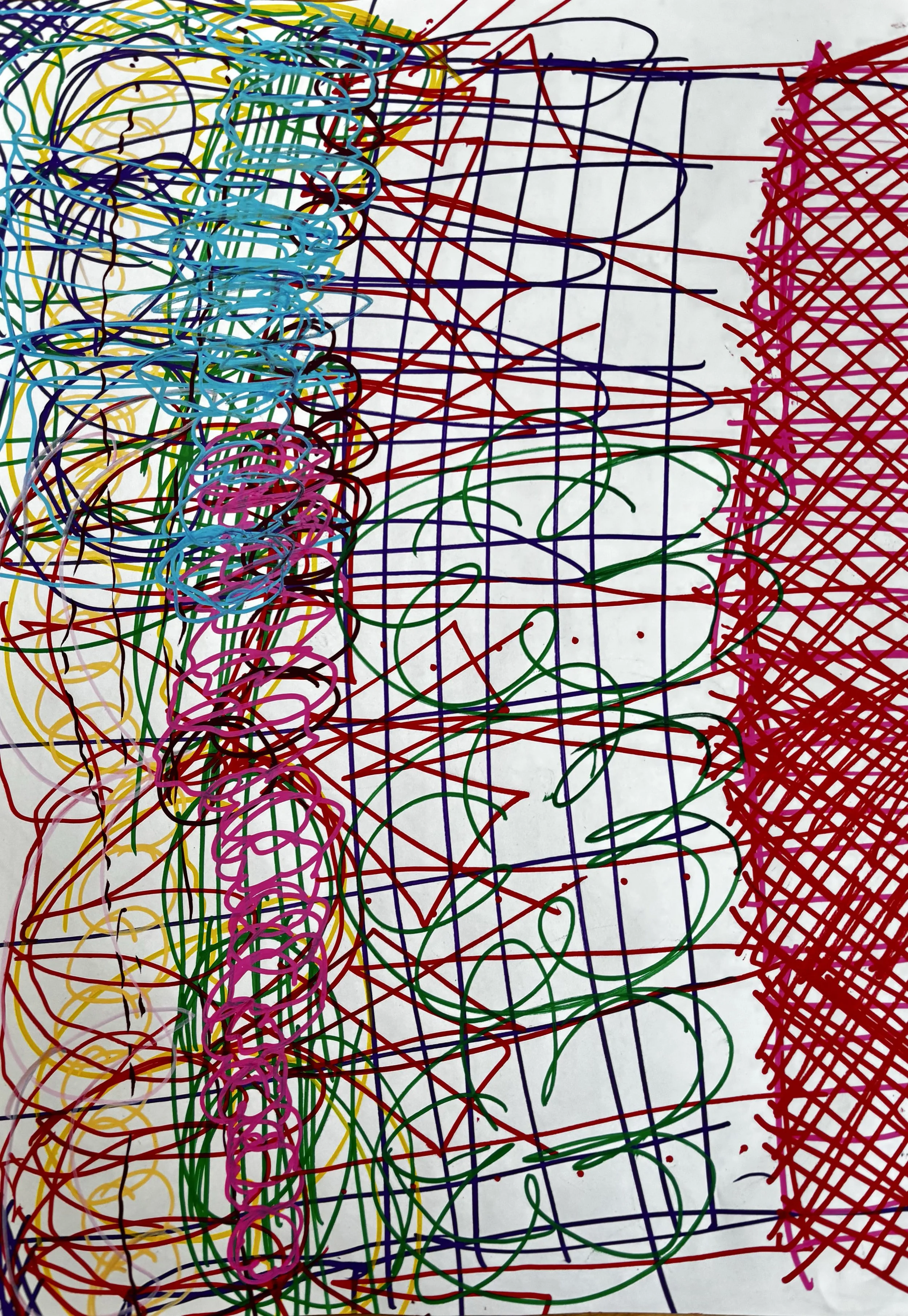 A colorful abstract drawing made with various colored markers on paper. The drawing features a large section of red crosshatching on the right, a vertical line of pink loops and swirls on the left, and some green and purple circular and squiggly line