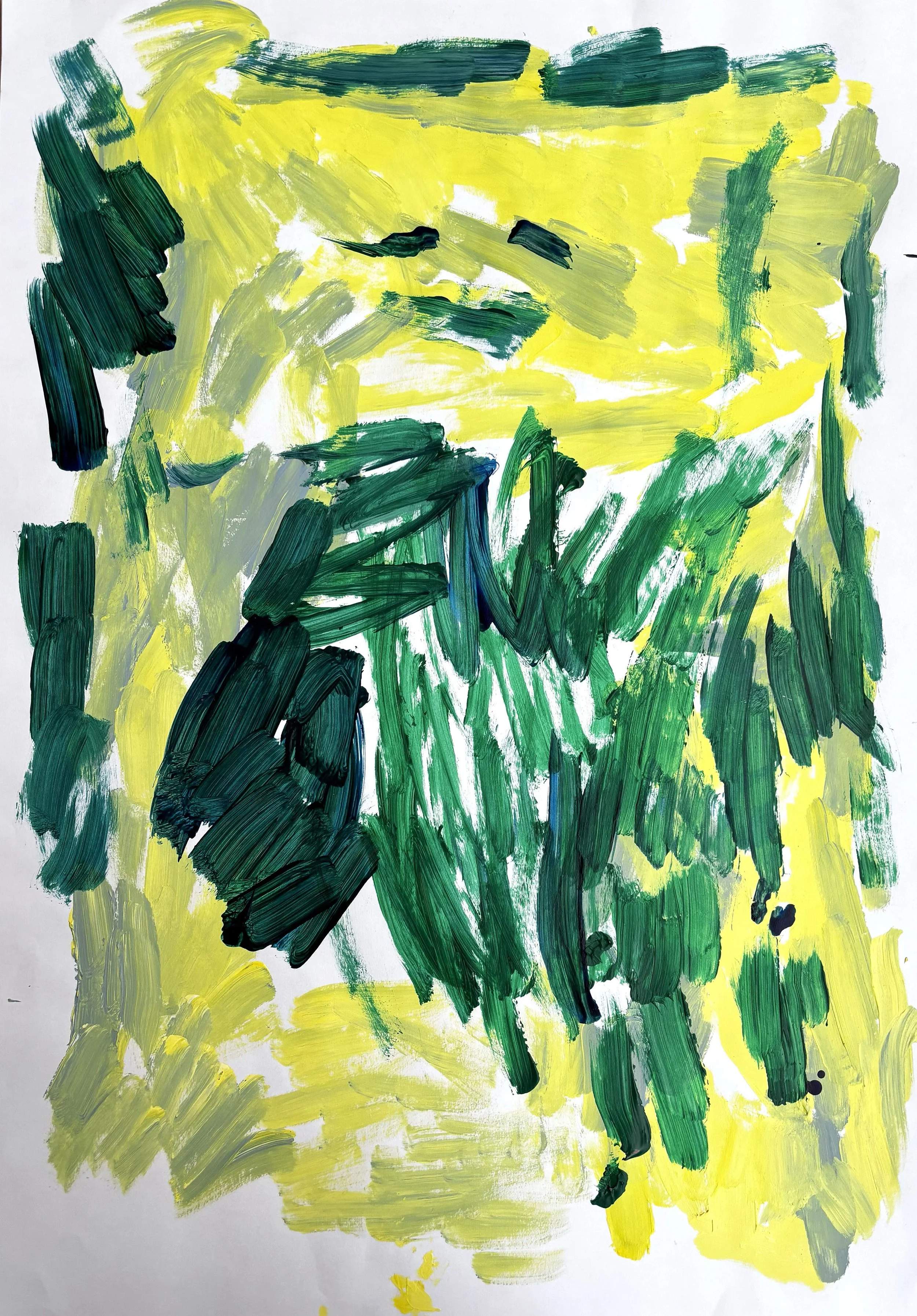 Abstract painting with bold strokes of yellow, green, and black paint on white paper.