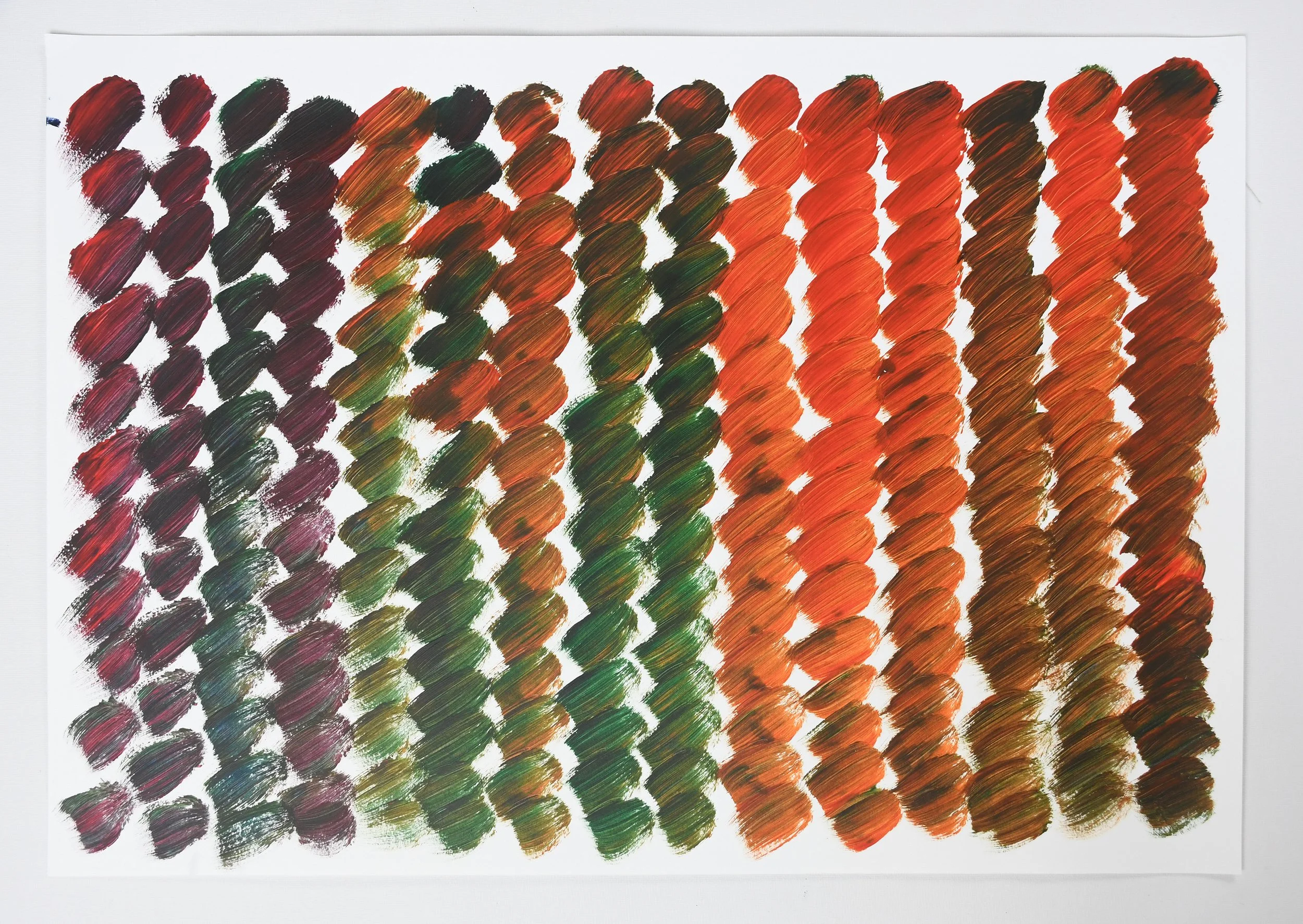 Abstract painting with brushstrokes in red, green, black, and orange arranged in a grid pattern.