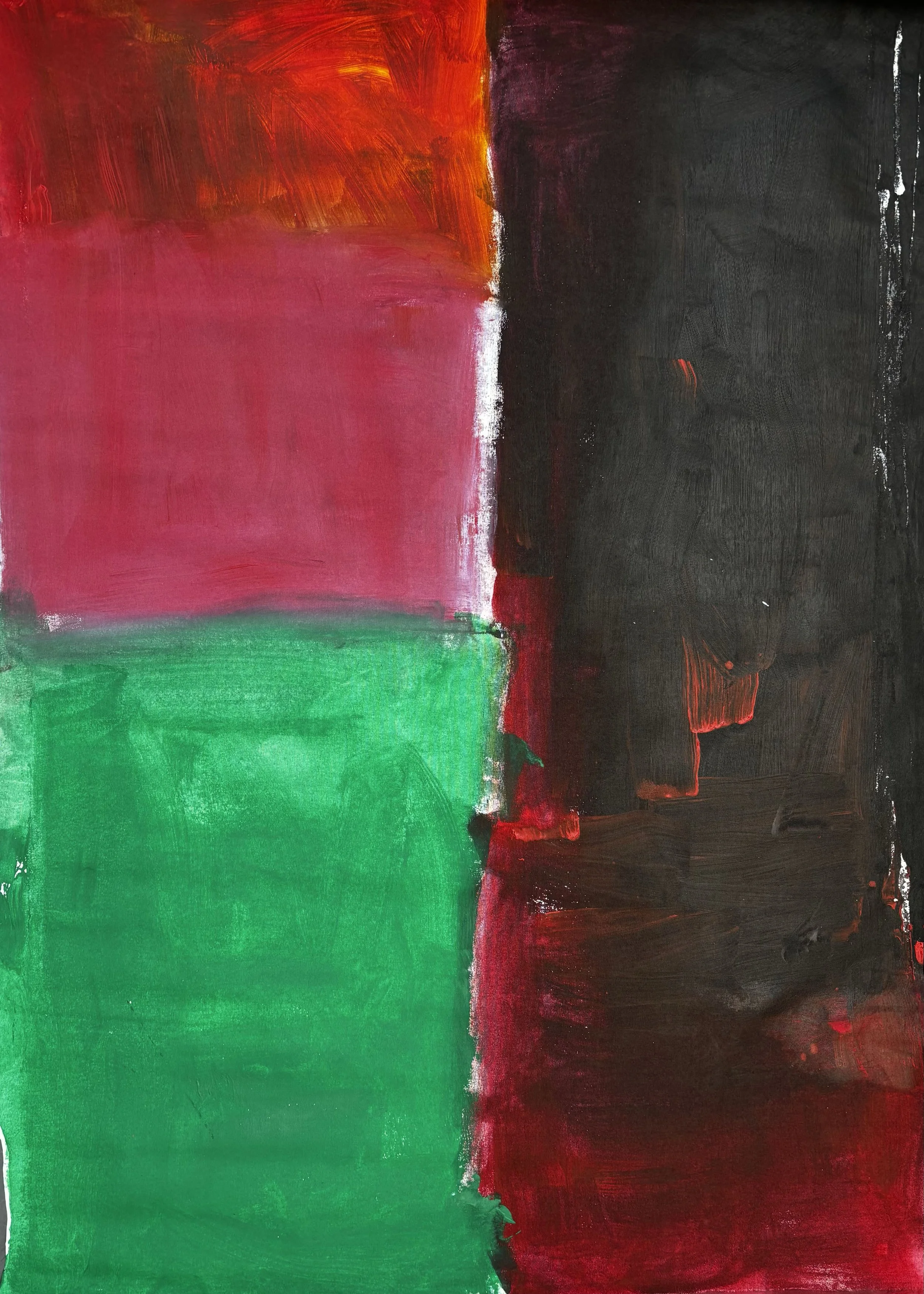 Abstract painting with large color blocks: green at the bottom, pink in the middle, orange in the upper left corner, and black on the right side.