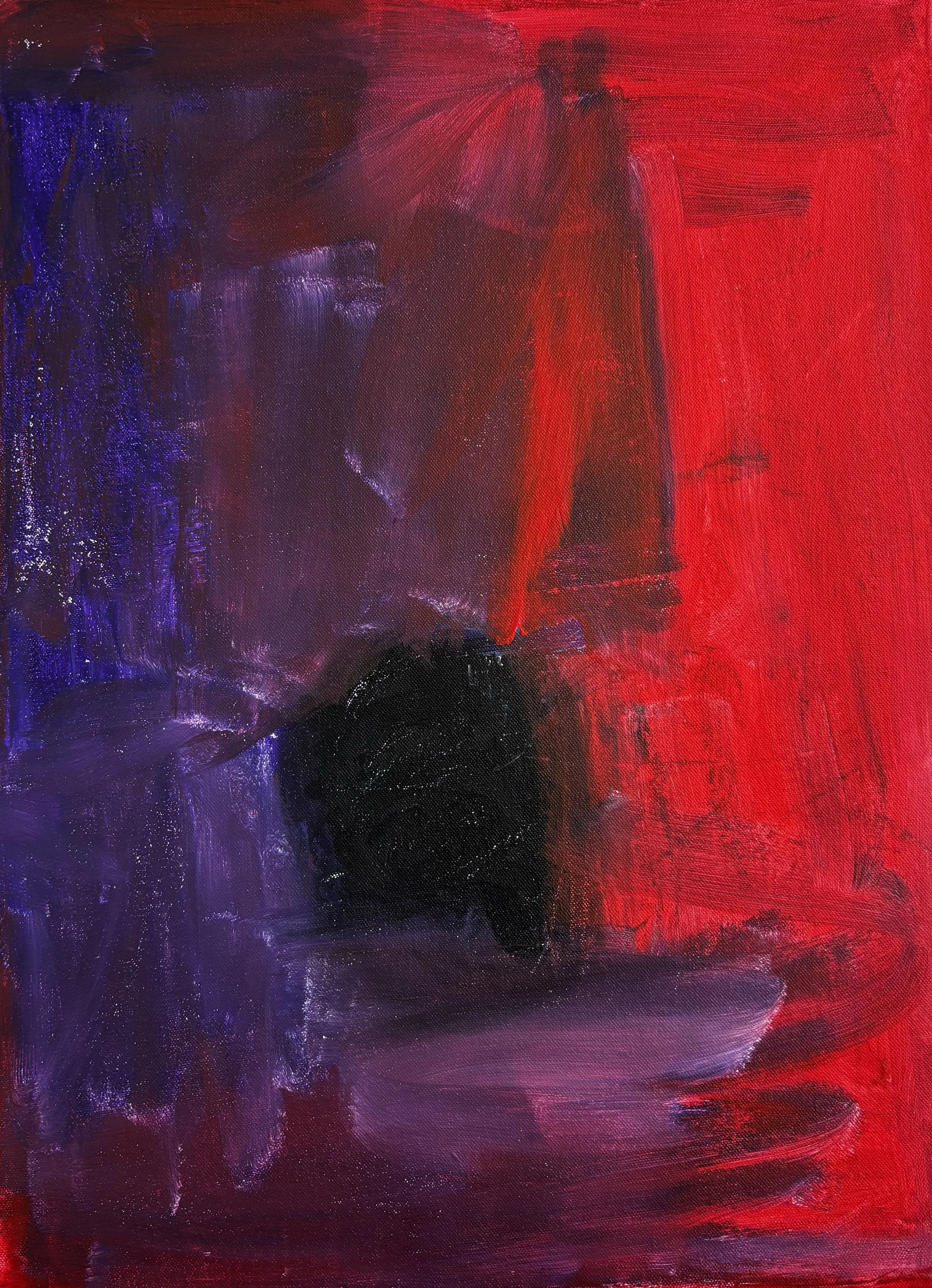 Abstract painting with purple and red hues, featuring layered brushstrokes and textured surface.