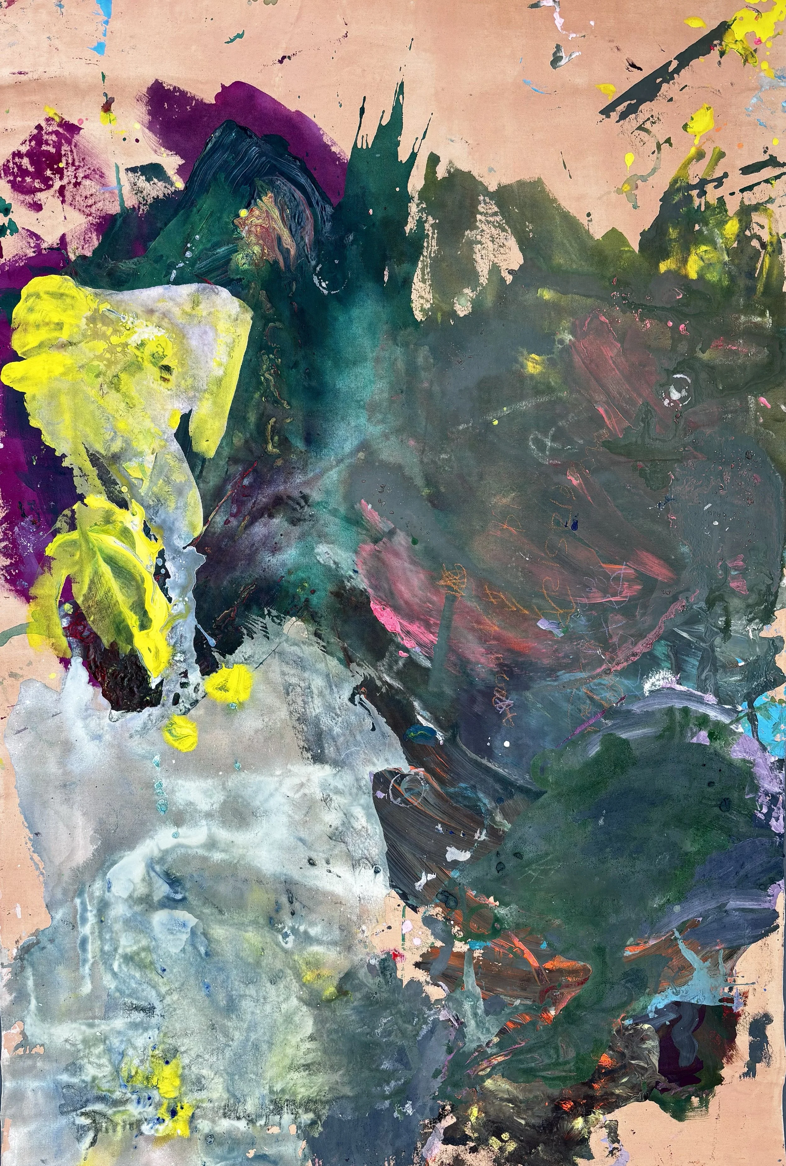 Abstract painting with splashes of bright and dark colors, including yellow, purple, green, pink, and black, on a textured canvas background.