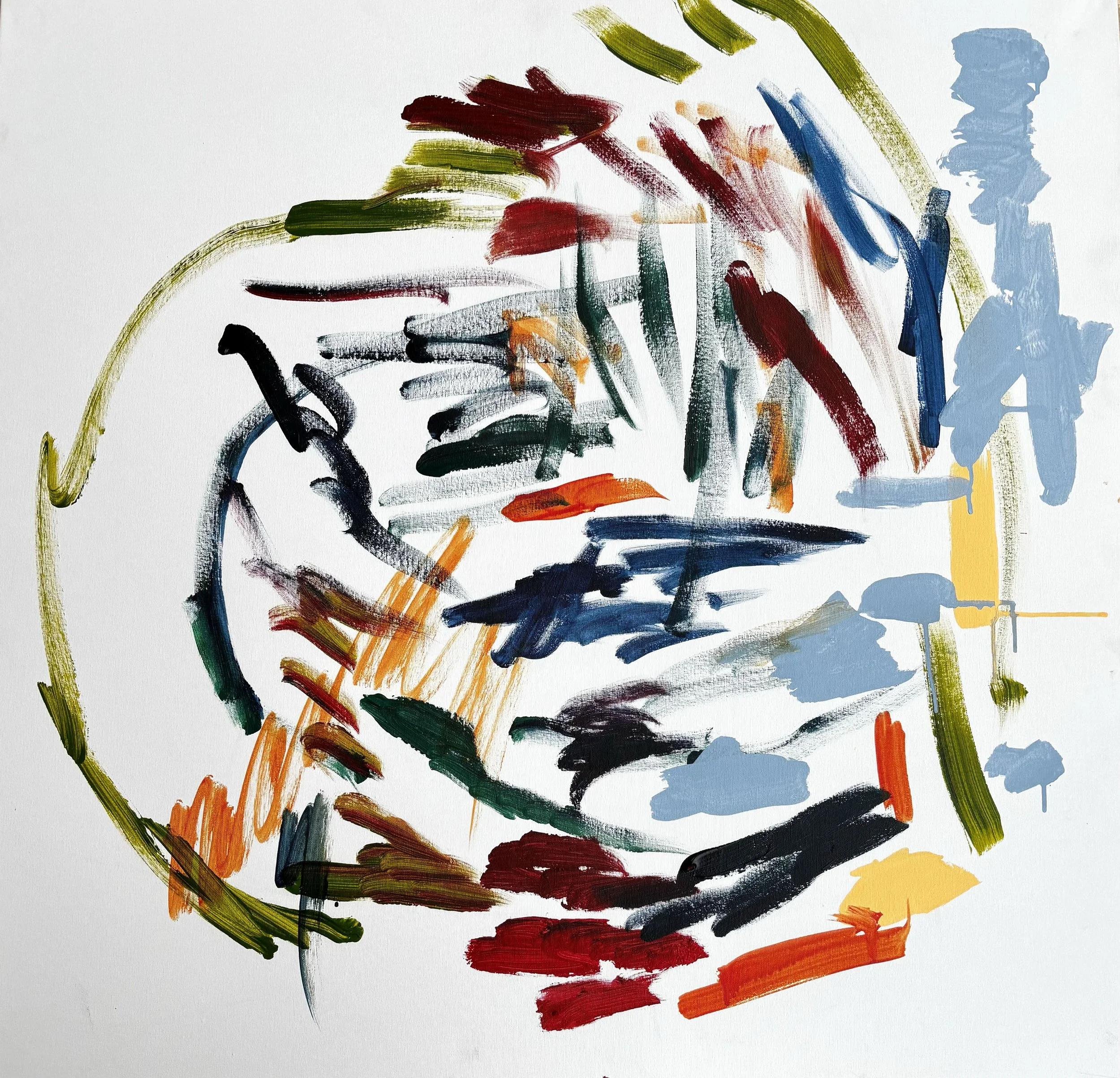 Abstract expressionist painting with bold, colorful brushstrokes in red, blue, green, orange, black, and yellow on a white background.