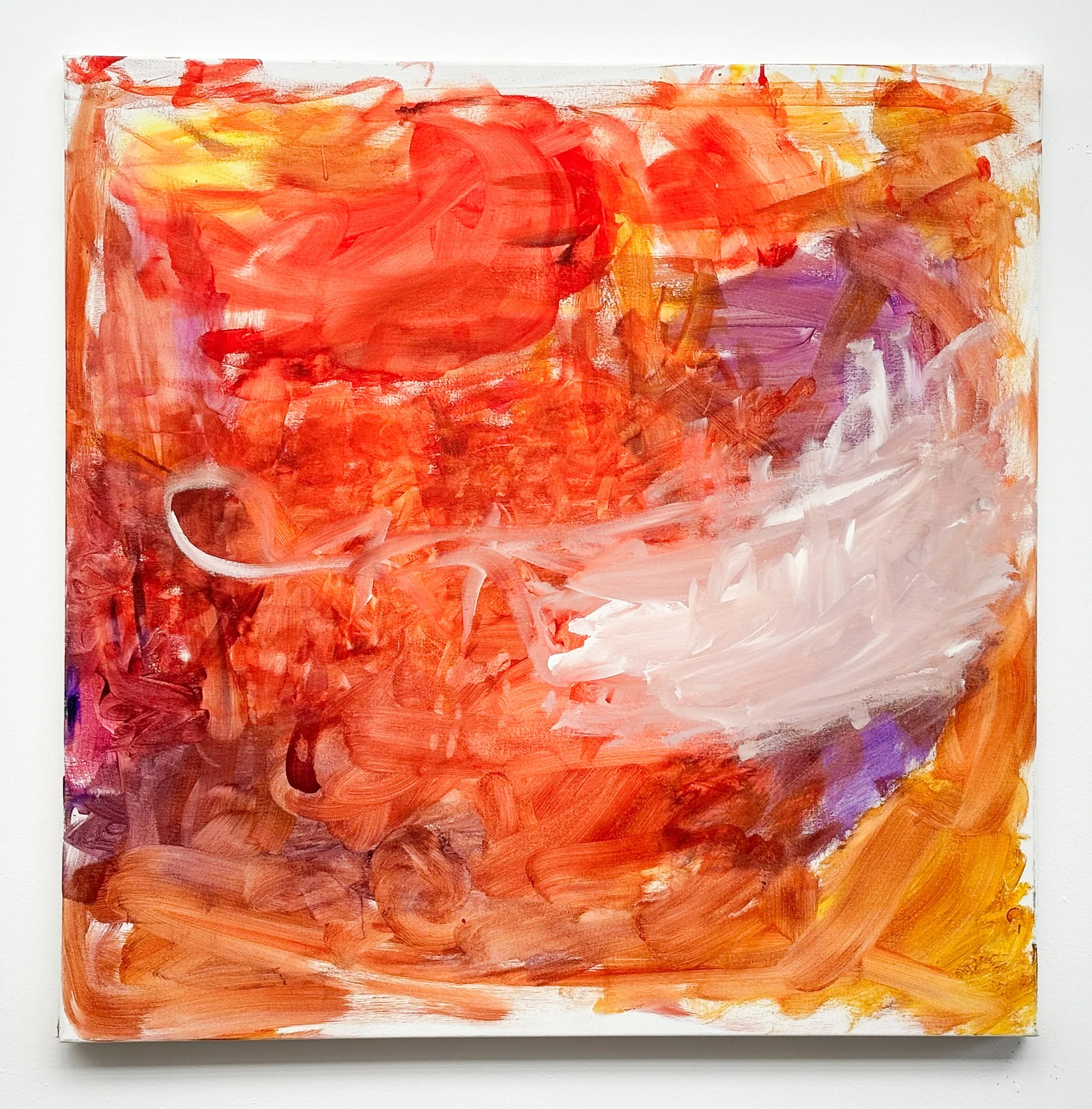Abstract painting with bold red, orange, and purple brushstrokes on a white canvas.