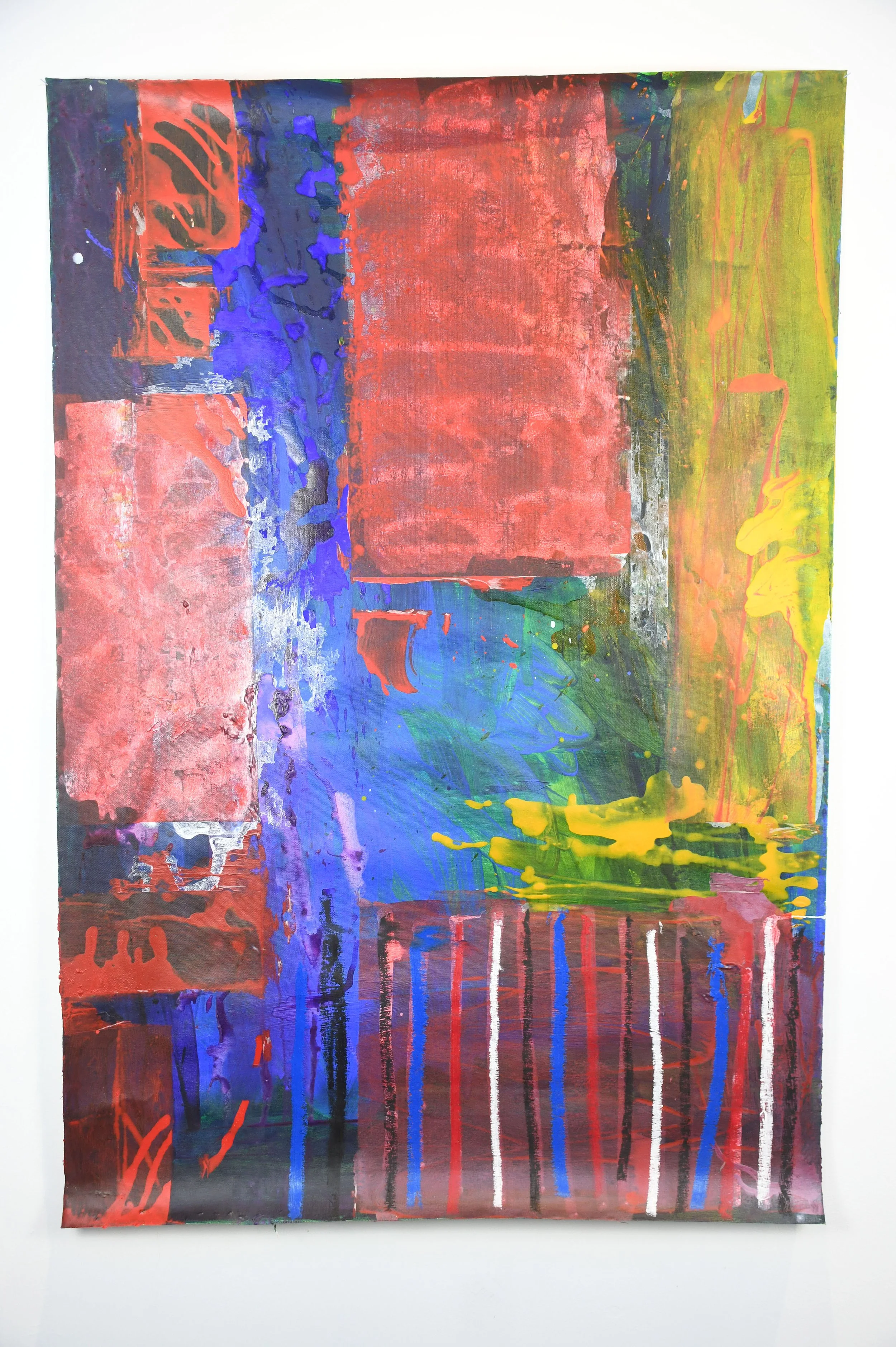 Abstract painting with vibrant colors including red, blue, green, yellow, and white, featuring bold brushstrokes, drips, and layered textures.