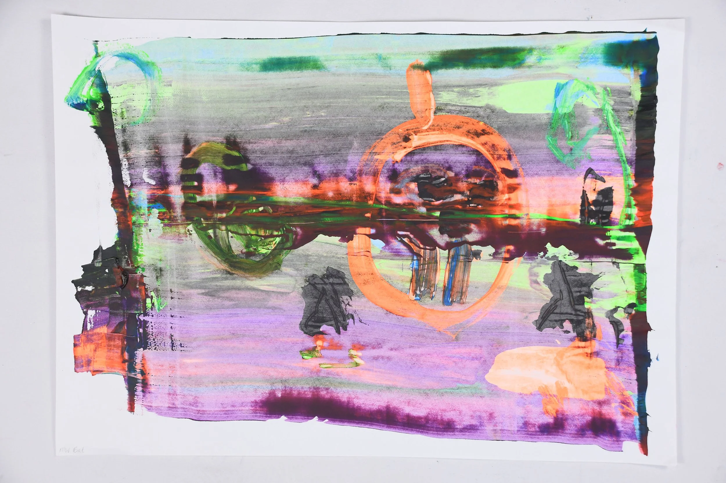 Abstract colorful painting with orange circle, green and purple accents, and black streaks on a white background.