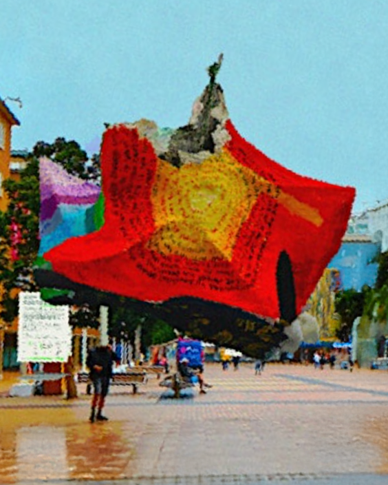 Large colorful boat sculpture with bright yellow, red, and orange patterns, mounted on a platform in an outdoor plaza with people walking around.