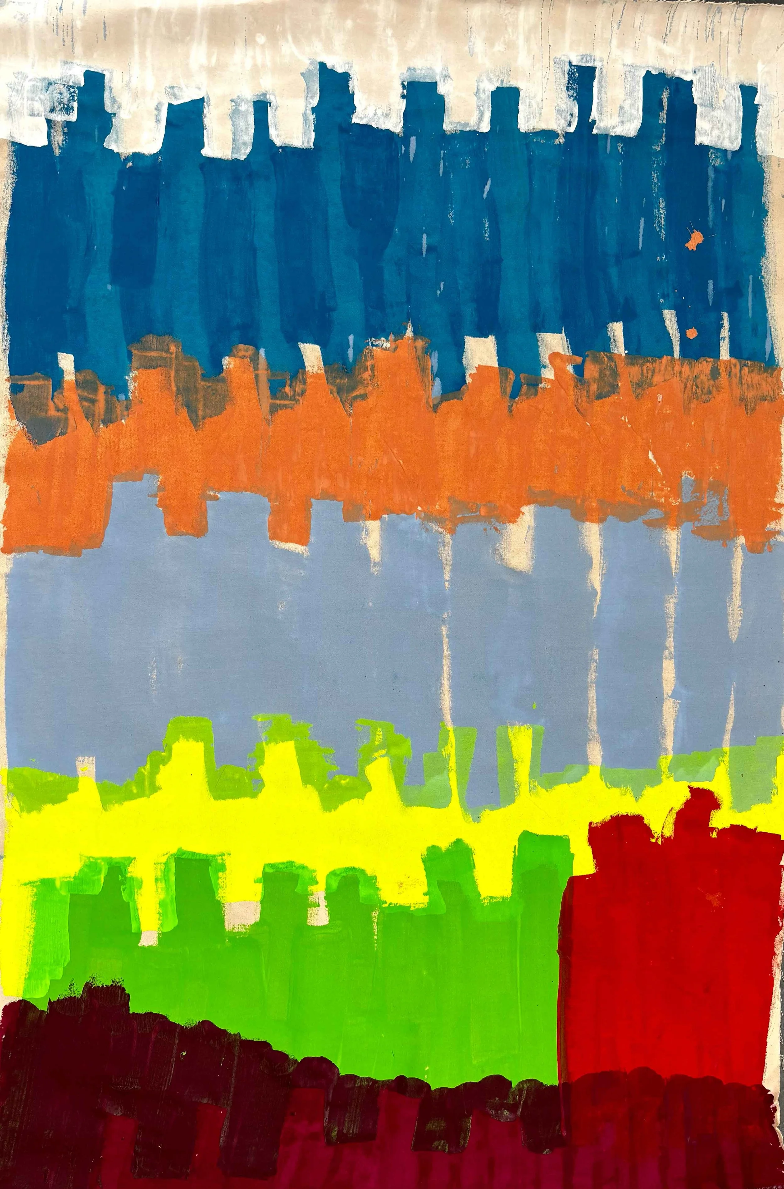 An abstract painting with layered, colorful blocks in beige, blue, orange, yellow-green, and red, resembling a cityscape or skyline with dripping paint effects.