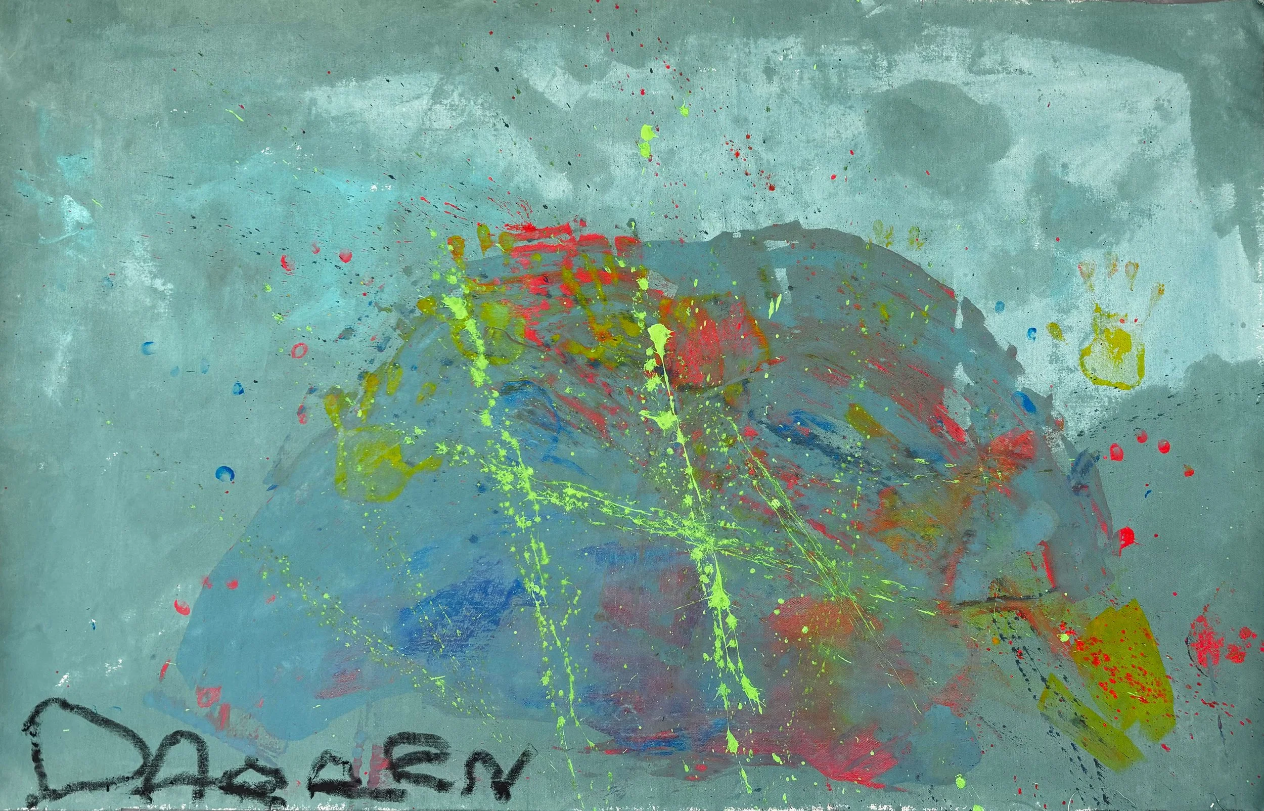 Abstract painting with splashes of bright yellow, pink, and red paint on a teal background, with black handwriting near the bottom that reads 'Bach'.