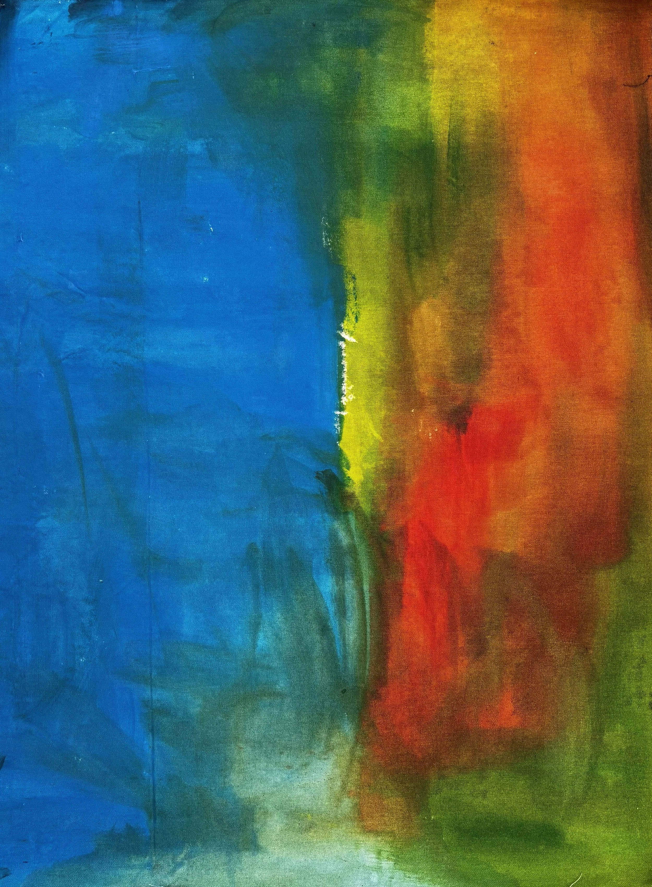 Abstract painting with vibrant blue on the left transitioning to green, yellow, orange, and red on the right.