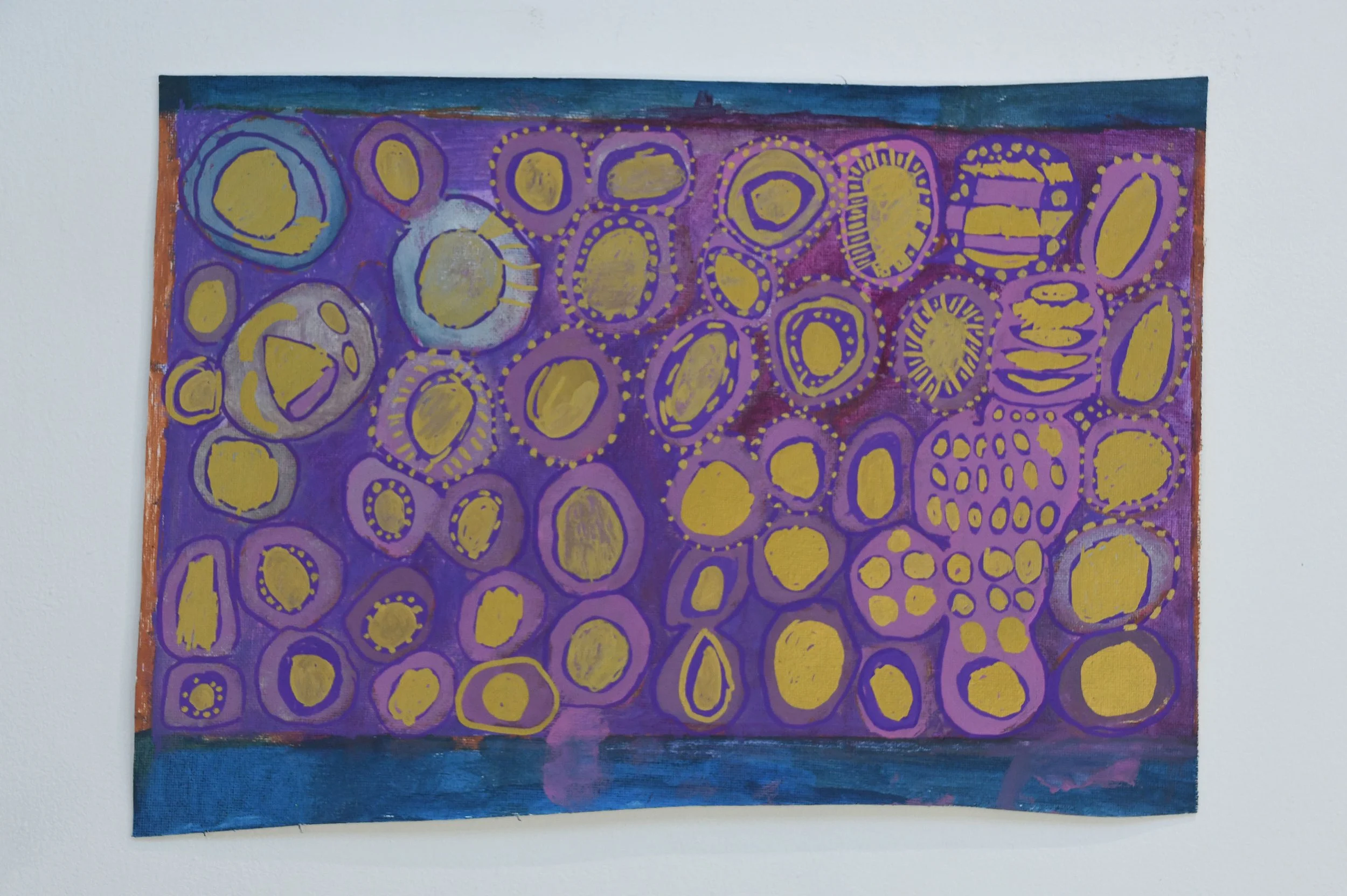 Abstract painting with purple, yellow, and dark blue colors featuring various oval and circular shapes outlined with dotted patterns.
