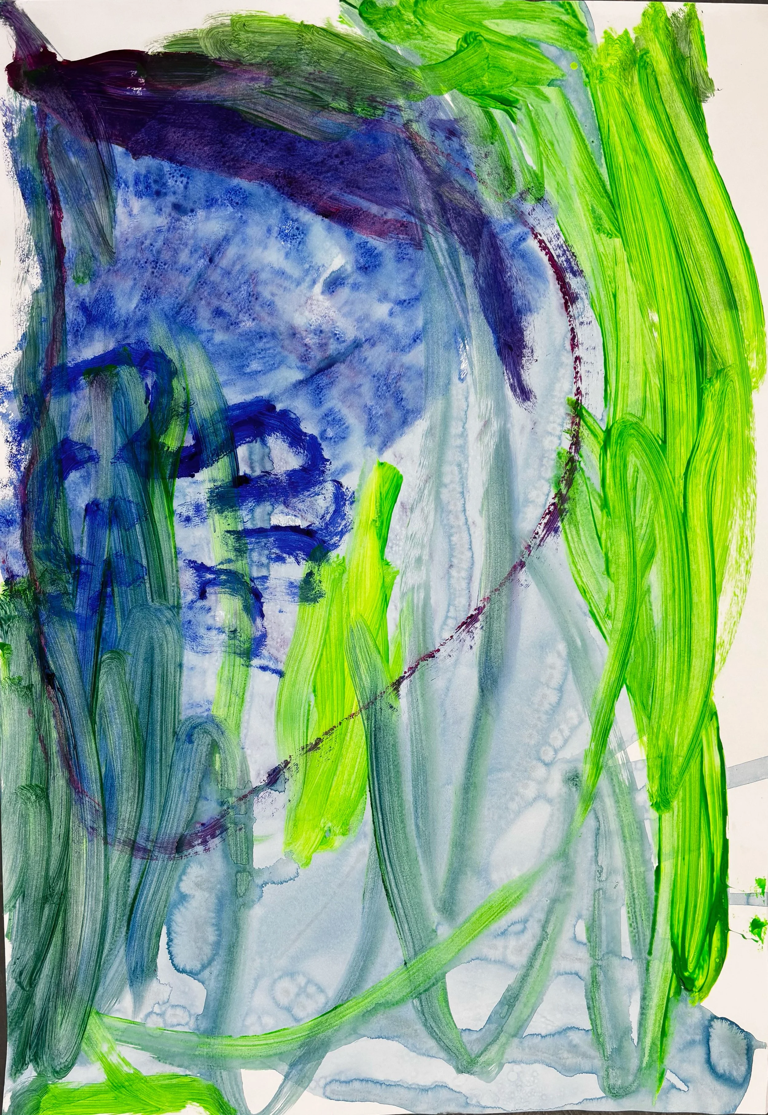 Abstract watercolor painting with vibrant green, blue, purple, and hints of red colors, featuring sweeping brushstrokes and blending effects.