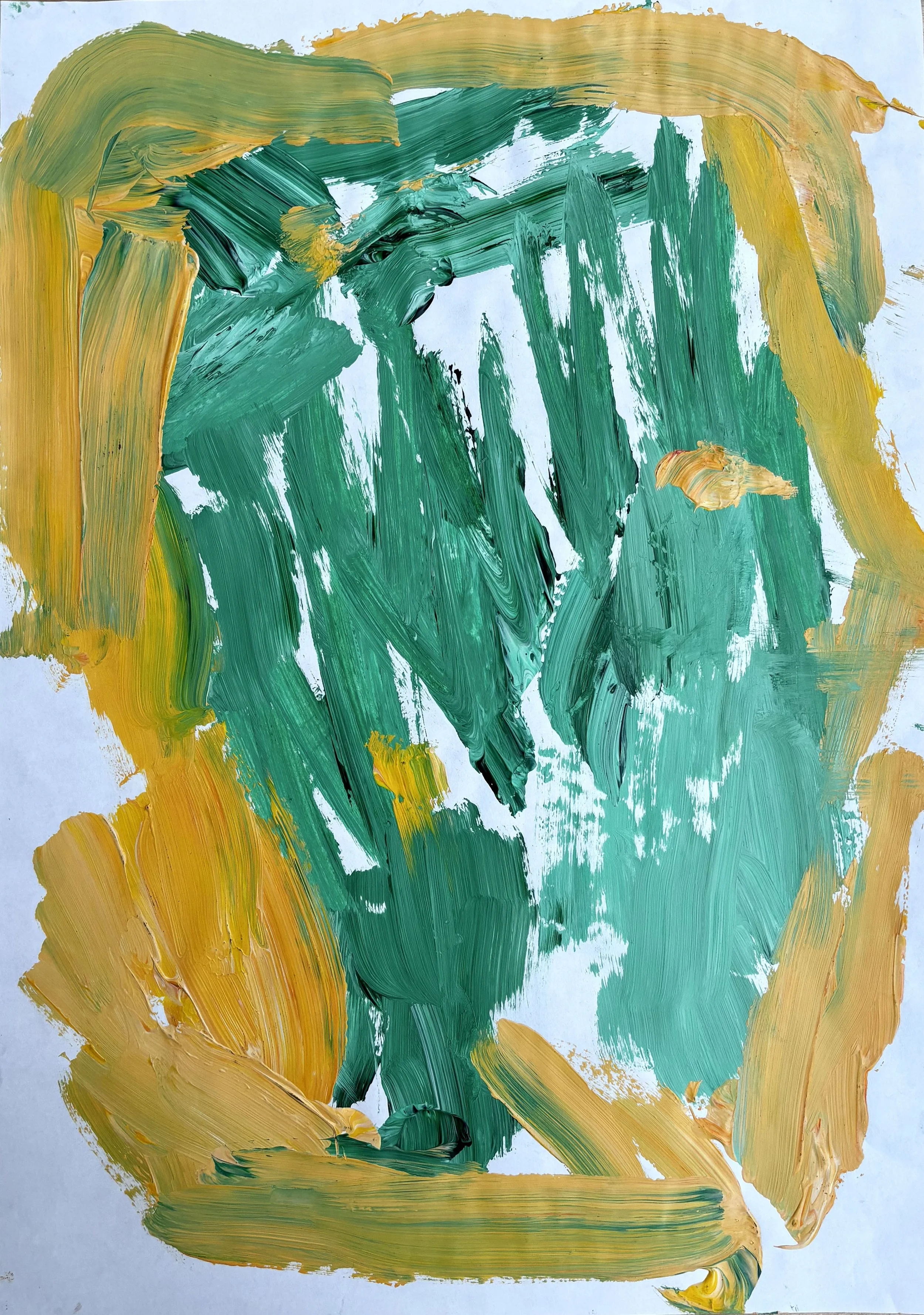 Abstract painting with broad strokes of yellow and green acrylic paint on white paper.