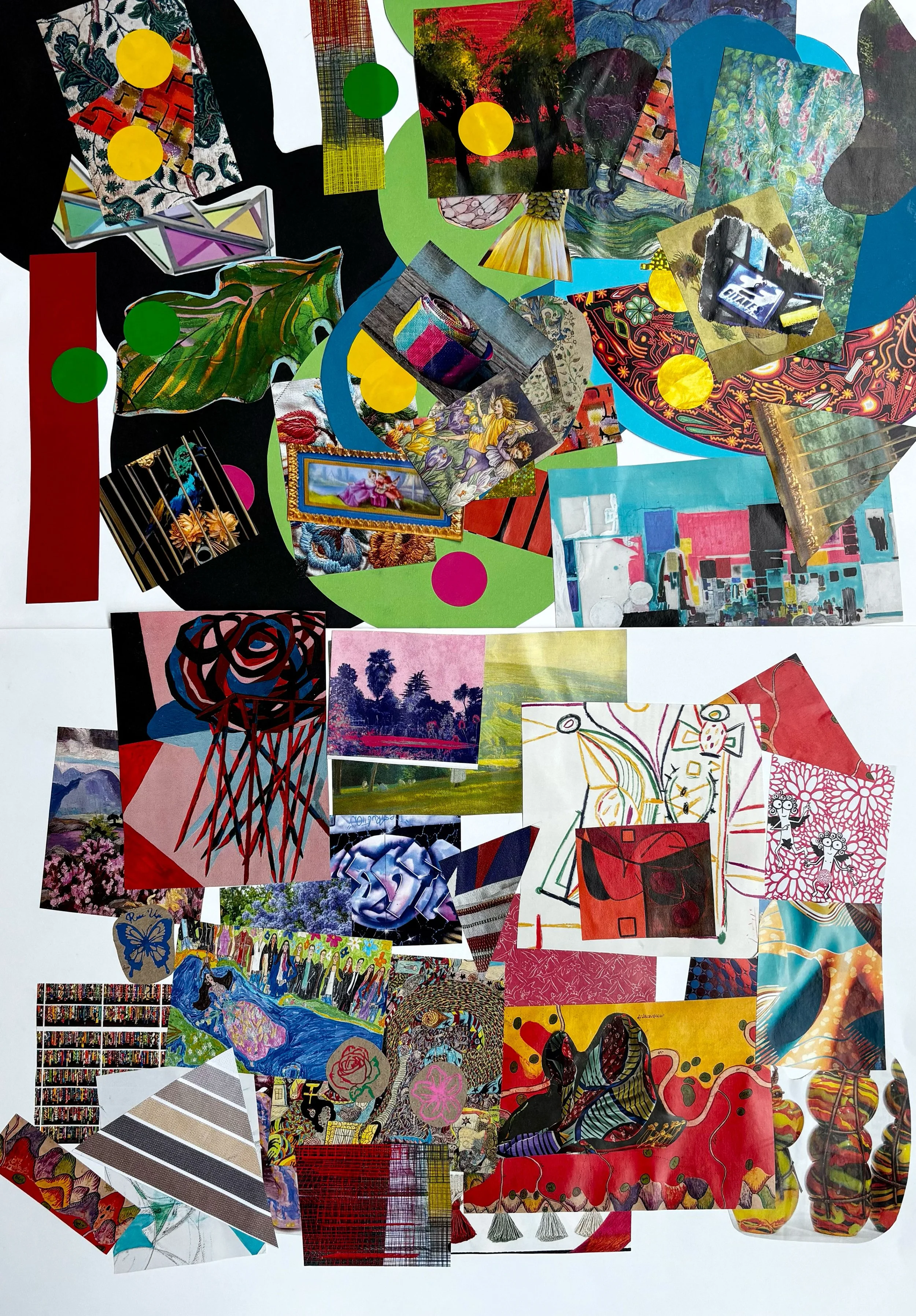 A collage of various colorful paper cutouts, including paintings, illustrations, and photographs, arranged on a white background with some overlapping.