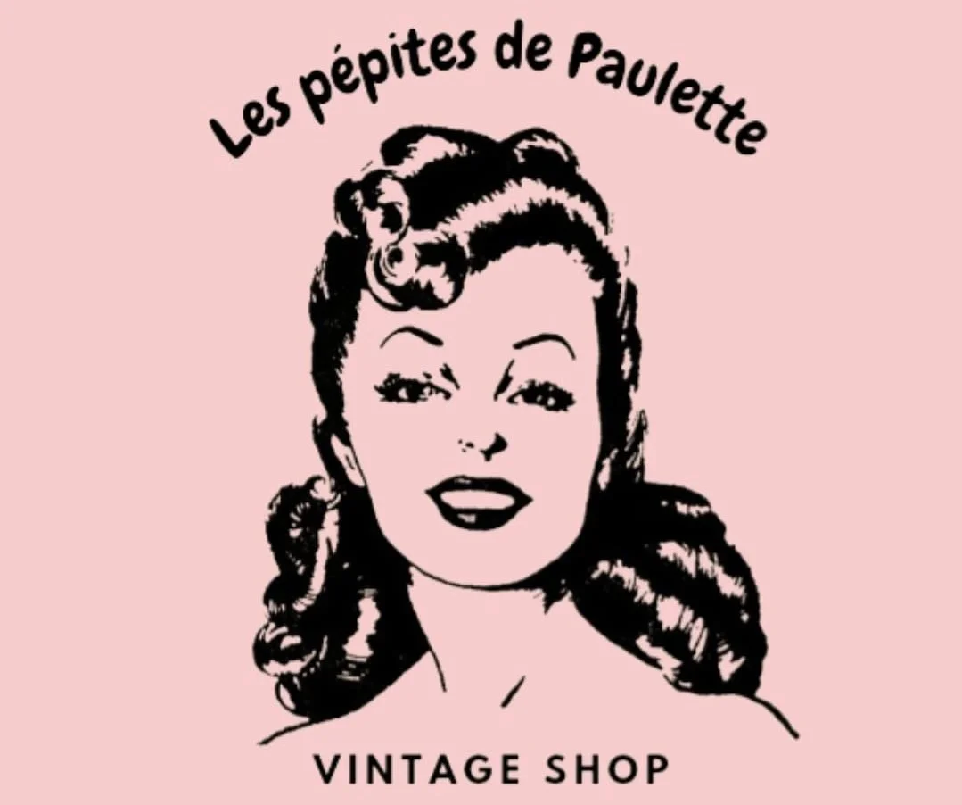 Logo vintage d'un magasin nommé 'Les pépites de Paulette' avec une illustration d'une femme avec cheveux bouclés et souriant, fond rose