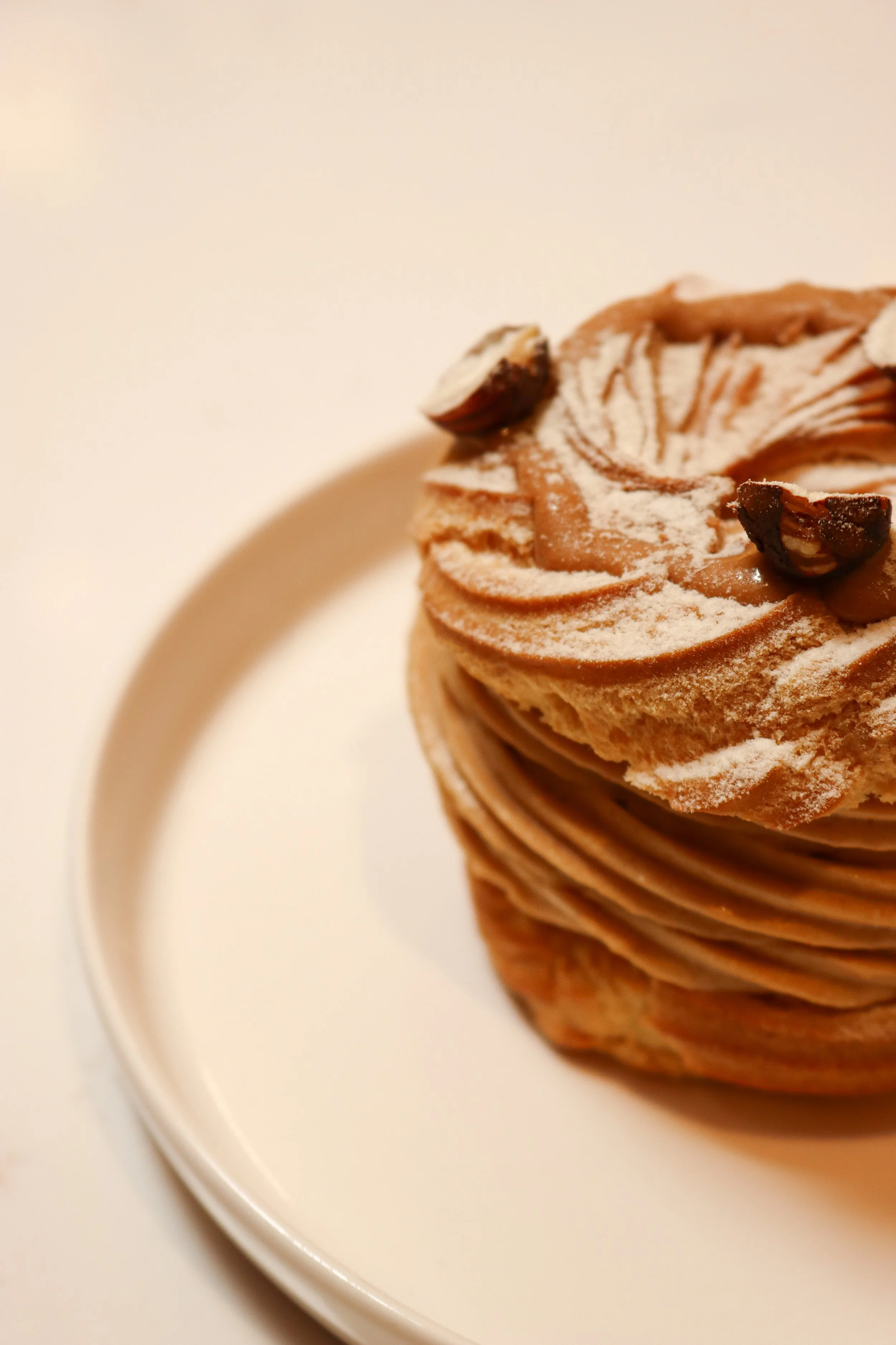 Un dessert à plusieurs couches avec une décoration de pâte à choux, saupoudré de sucre glace, servi sur une assiette blanche.