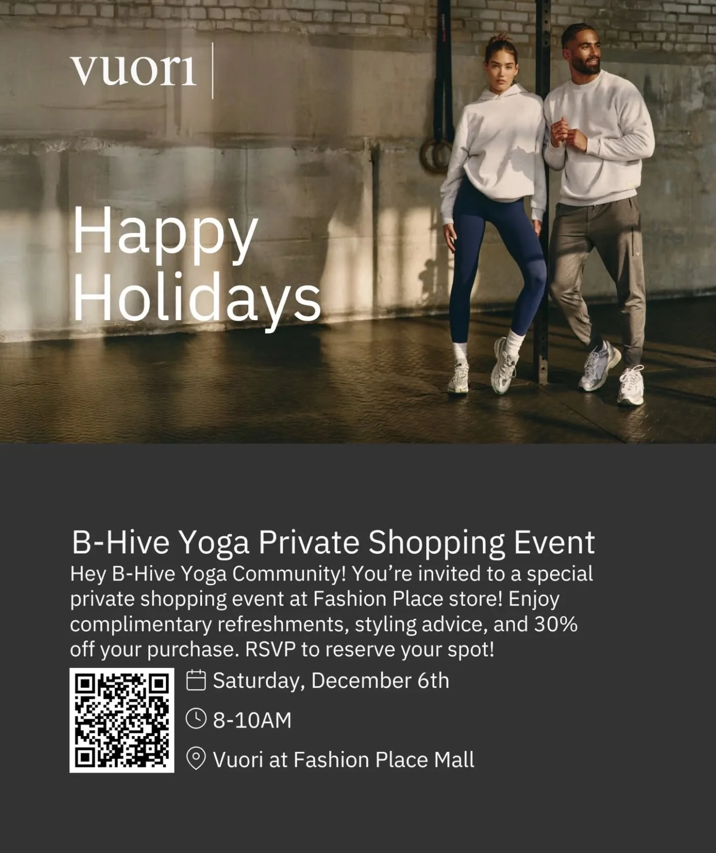 VUORI SHOPPING EVENT! Sign up for free to reserve your spot!
Vuori is hosting a private shopping event for our B-Hive community. Come hang out and shop this awesome offering with us. Everything will be 30% off! Sign up, share and invite your friends 