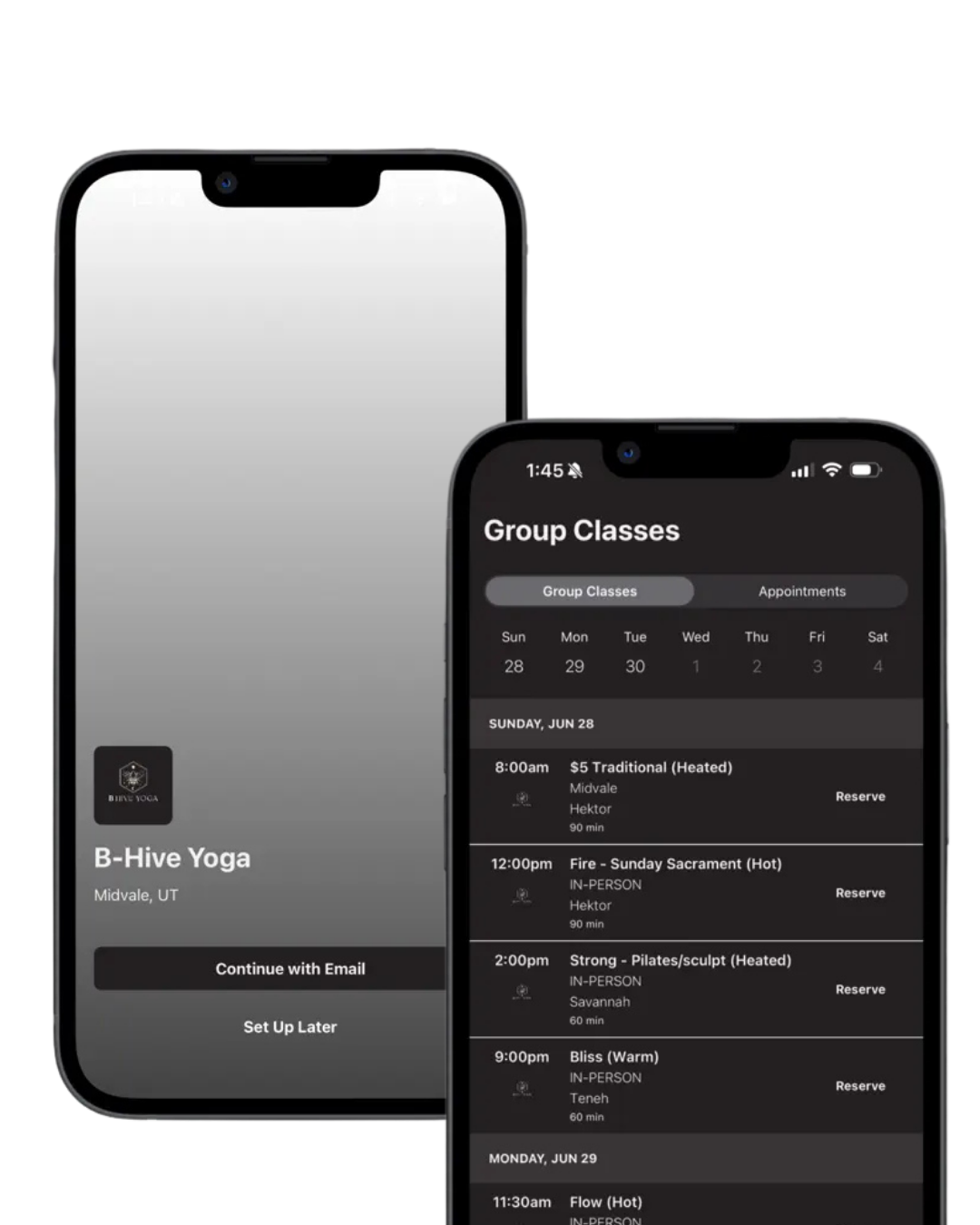 Two smartphones displaying a yoga studio app, showing class schedule and studio location.