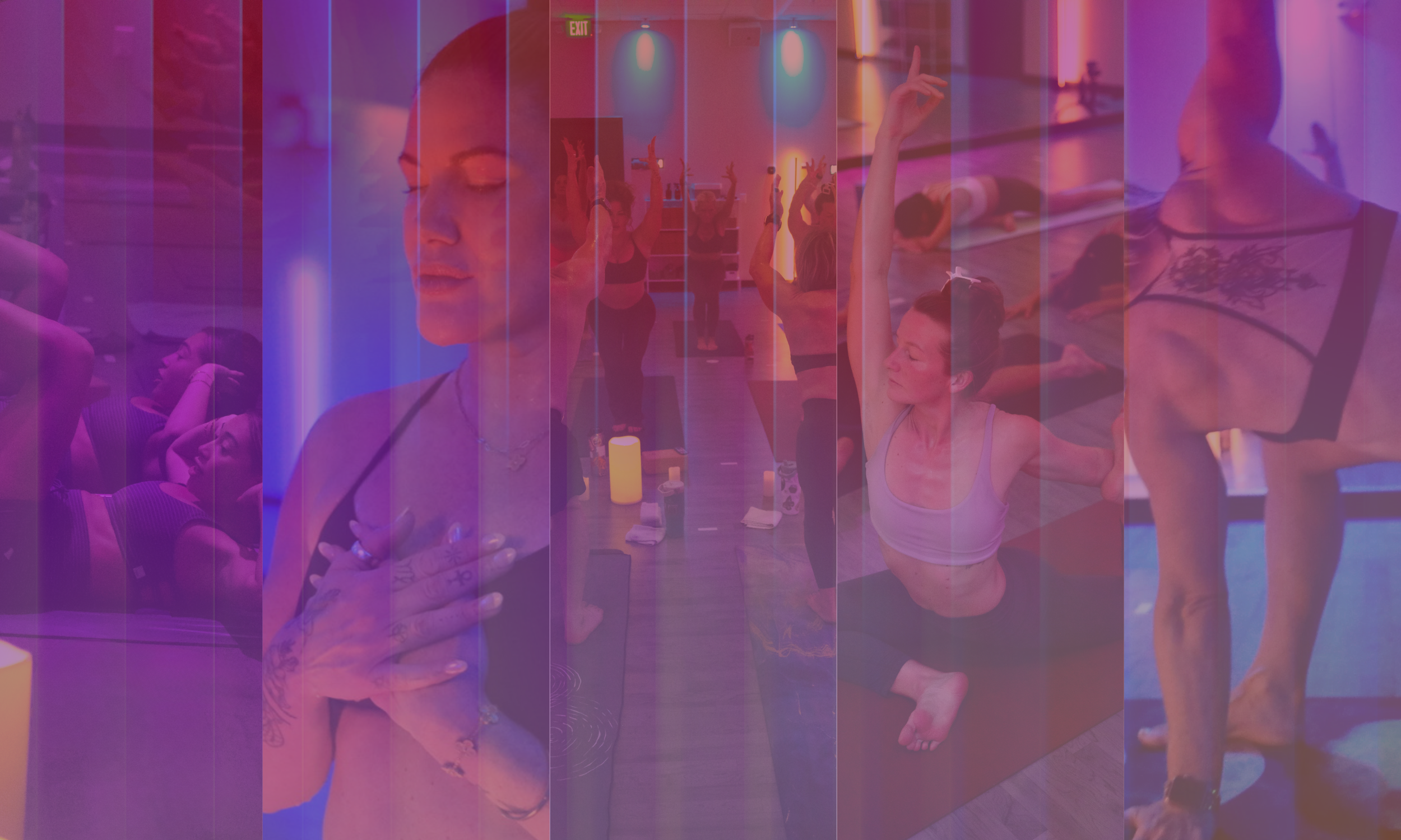 Group of people practicing yoga in a dimly lit studio with colorful lighting, some standing and others seated or lying on mats, engaging in various poses.