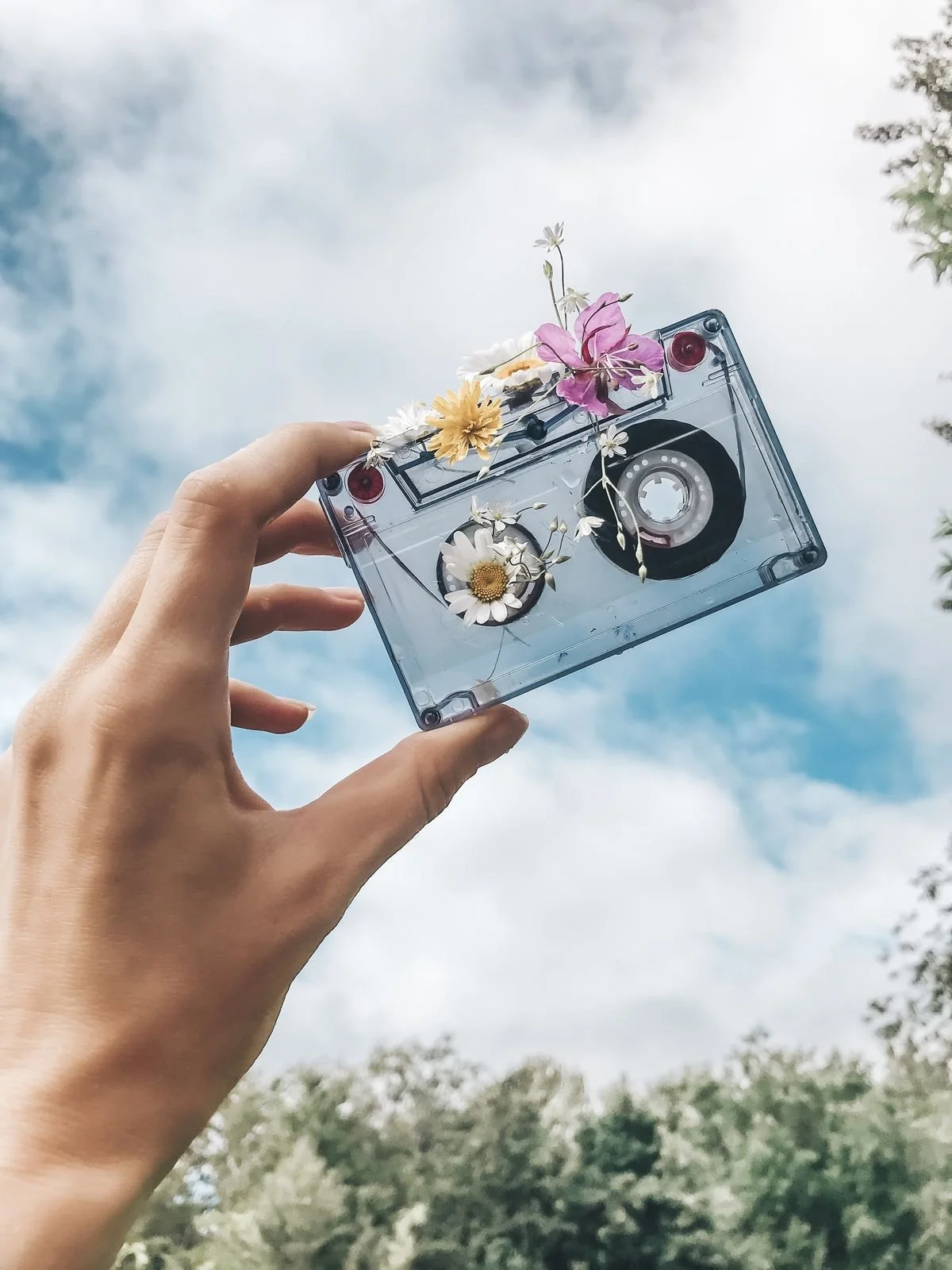Une main tenant une cassette audio transparente ornée de fleurs colorées, contre un ciel nuageux et des arbres en arrière-plan.