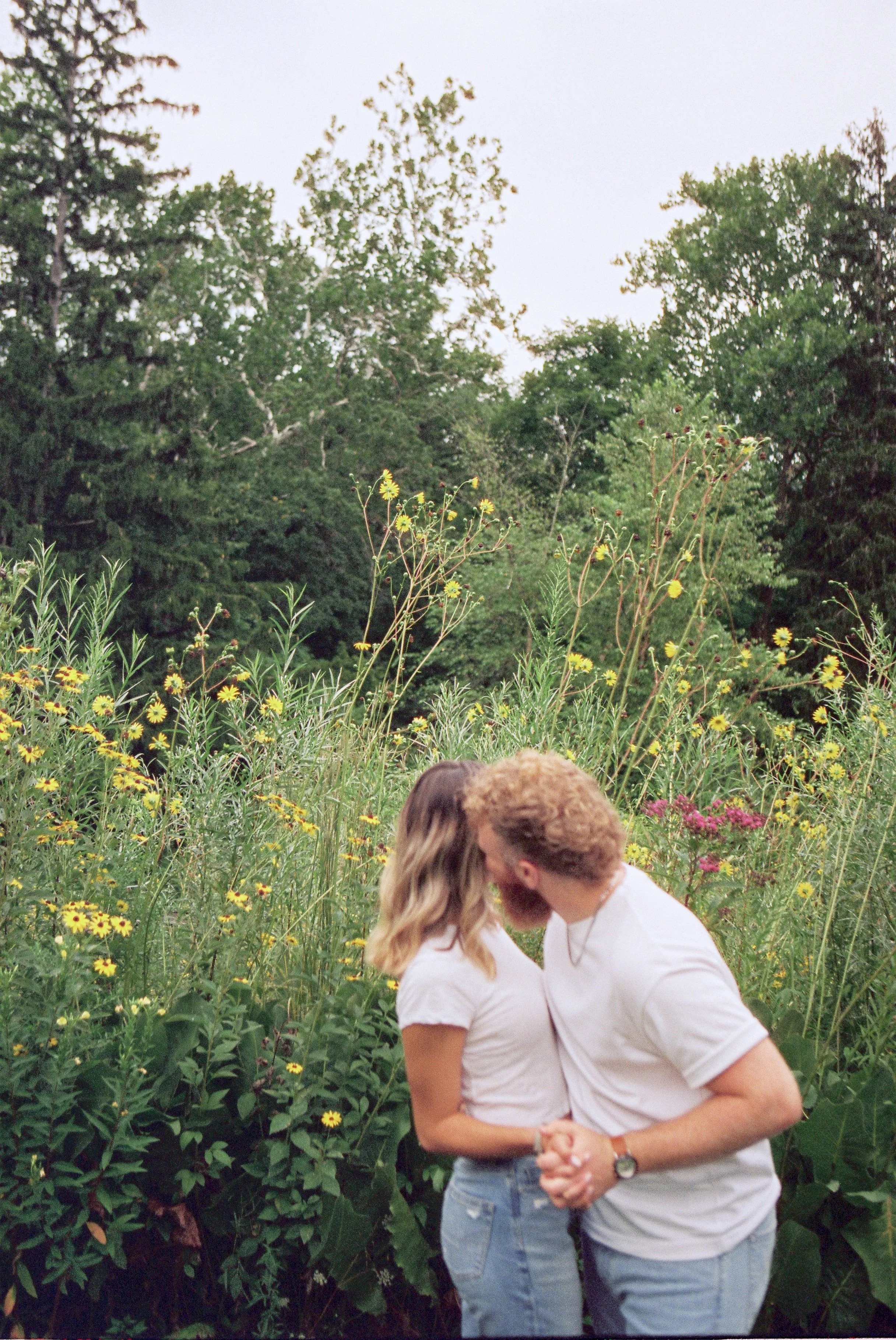 A couple kissing in a lush, green field with tall trees and yellow wildflowers.