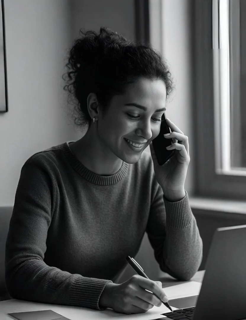 A woman smiling and talking on her cellphone while sitting at a desk with a pen, a laptop, and a notebook.