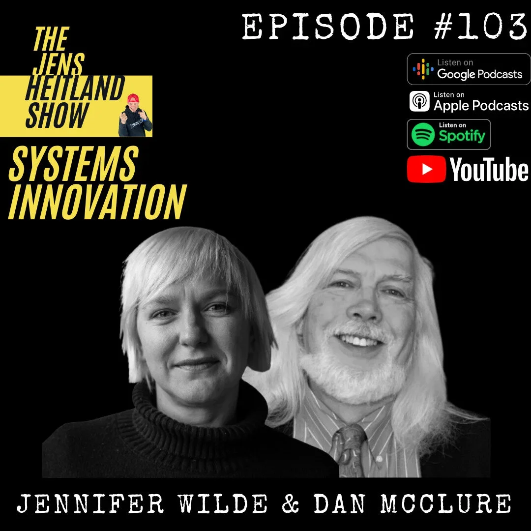Black and white promotional graphic for The Jens Hetland Show episode 103 featuring Jennifer Wilde and Dan McClure, with icons for listening on Google Podcasts, Apple Podcasts, Spotify, and YouTube.