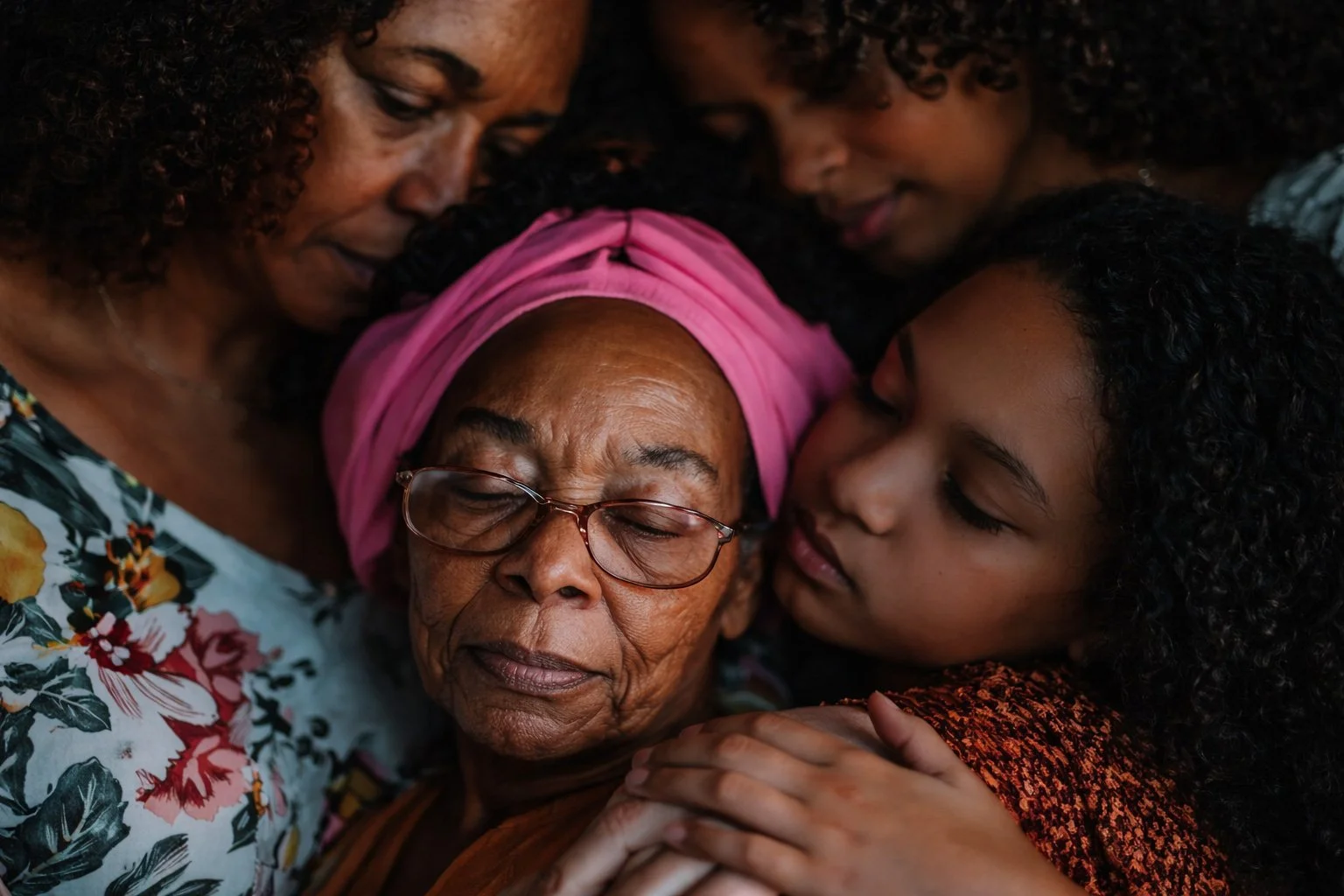 Four women of different ages, including an elderly woman with glasses and a pink headscarf, and three younger women, are embracing closely and sharing an emotional moment.