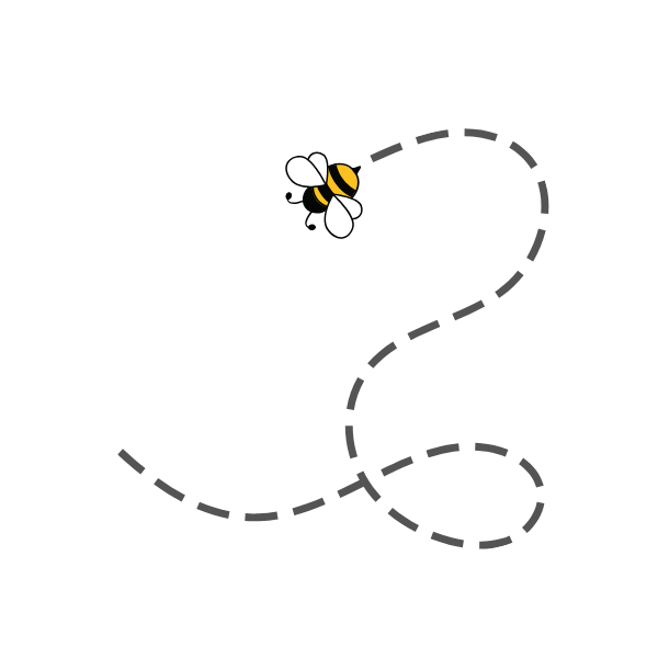 Cute illustration of a bee flying along a dotted path forming a spiral shape.