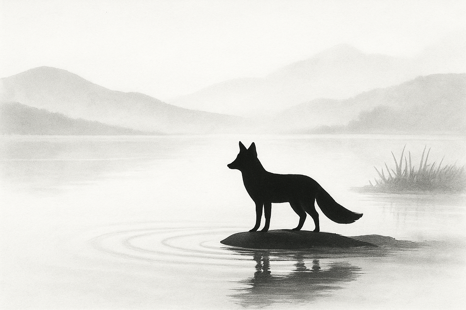 Silhouette of a fox standing on a small rock in a calm body of water, with mountains and a bush in the background, in grayscale.