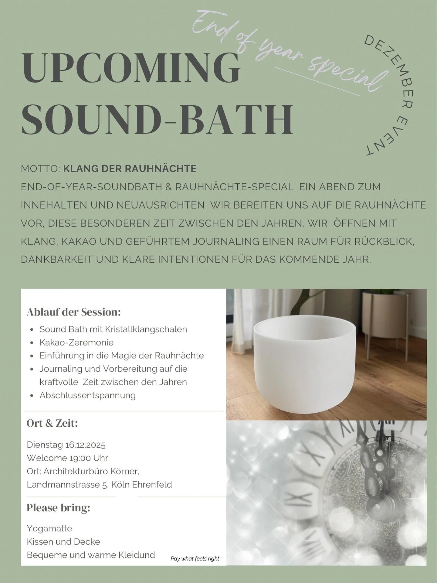 Am Dienstag den 16.12. wird es das voraussichtlich letzte Sound-Bath 2025 geben. Ein Rauhn&auml;chte Special, das ihr nicht verpassen solltet. Schickt mir gerne eine DM wenn ihr dabei sein wollt. 

Danach begebe ich mich in die Winterpause ☃️und star