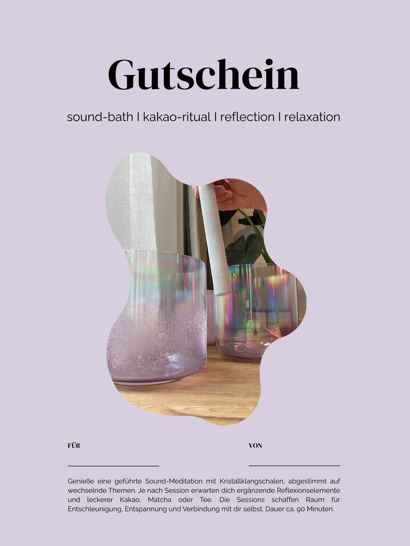 Sucht ihr noch ein sch&ouml;nes Geschenk zu Weihnachten, Geburtstag oder einfach mal so? 

Dann ist mein Gutschein genau das richtige f&uuml;r dich. Ob private Sound-Bath, 3er-Ticket oder Einzelsession in der Gruppe - es ist f&uuml;r jeden und jede e