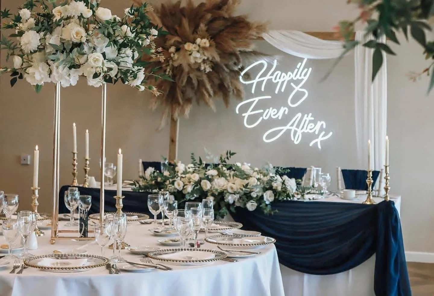 Wedding Reception room by Gold Smiths Wedding Hire all beautifully styled and ready for guests to sit down and eat, 