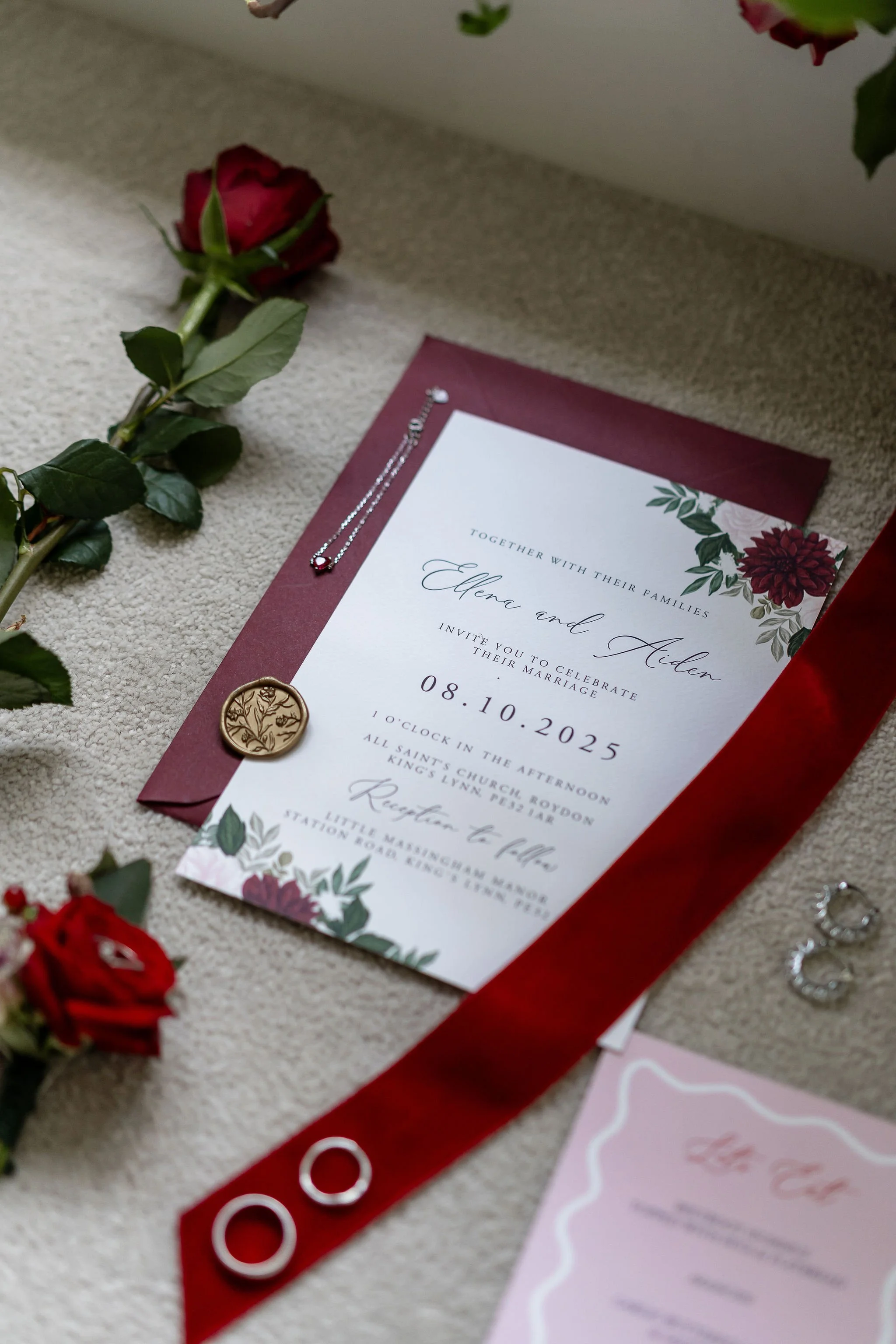 Beautiful Wedding Bespoke Design Menu placed on a plate setting ready for the reception meal so guests know what they are eating 