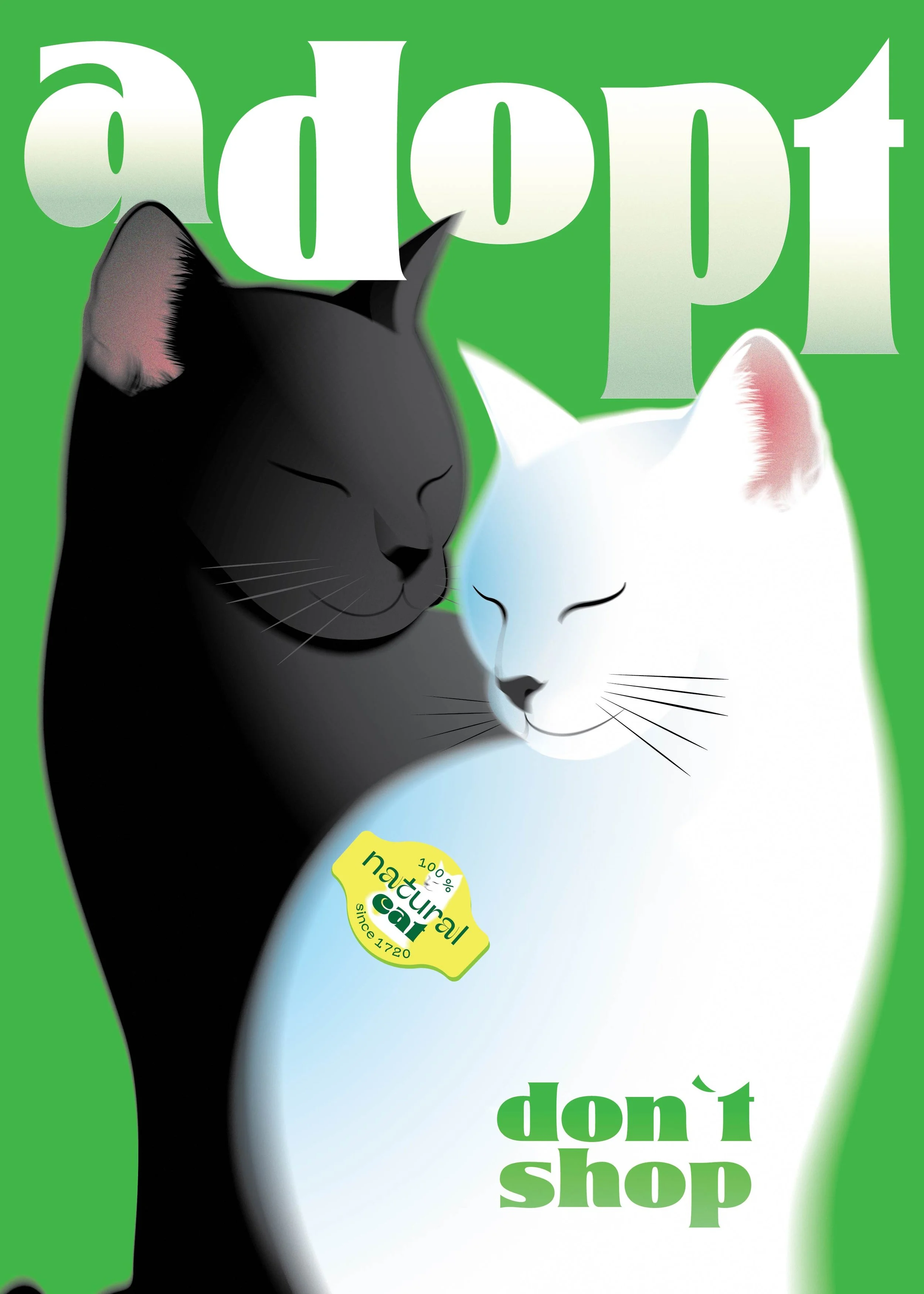 Illustration of two cats, one black and one white, with their eyes closed, set against a green background with partially visible large white text and a yellow label that reads '100% natural since 1720.' The text 'don't shop' appears at the bottom.