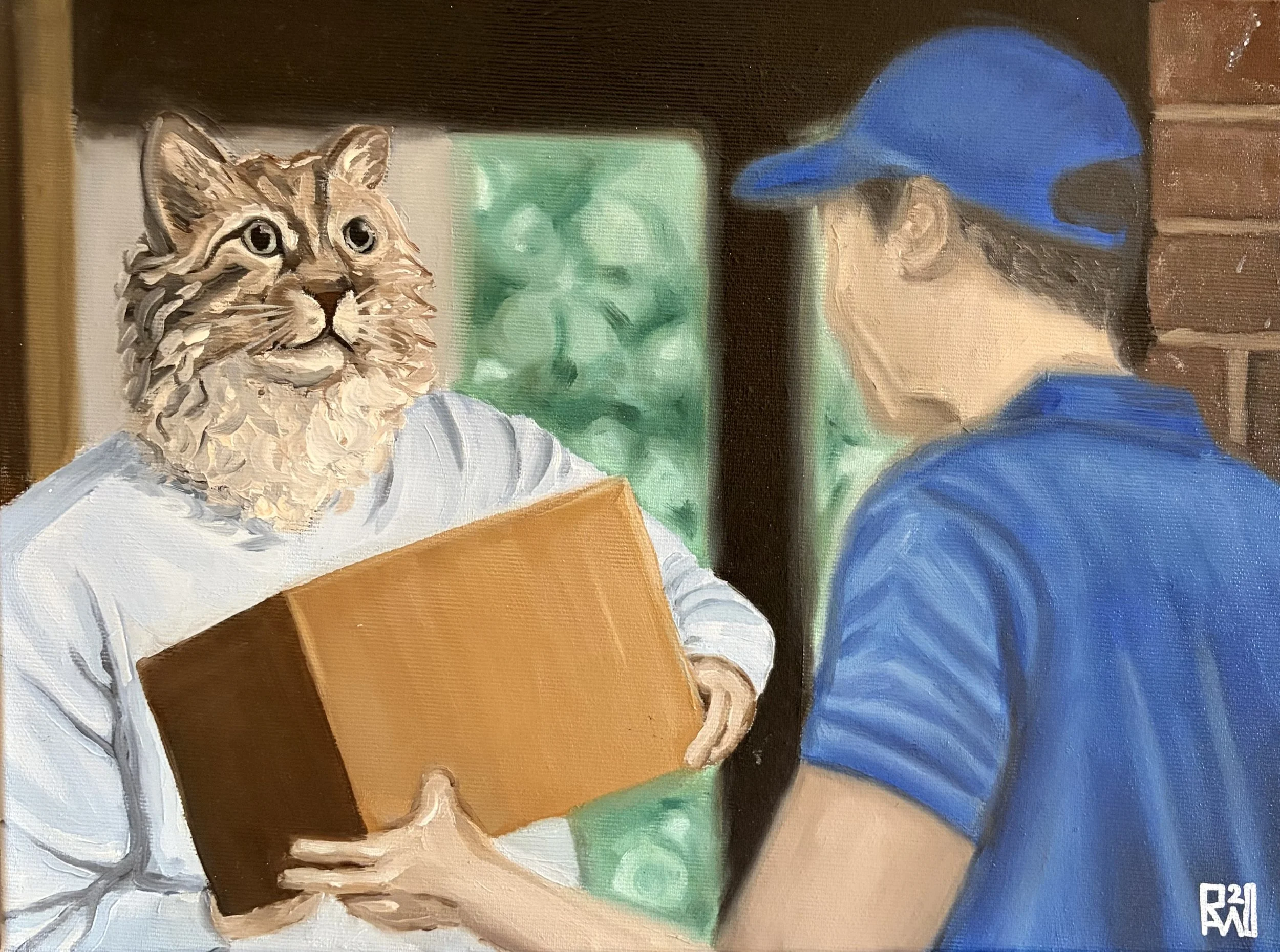 A person in a blue cap and shirt handing a book to a person with a cat's head in a white shirt, standing in front of greenery and a brick wall.