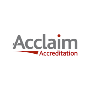 Acclaim Accreditation logo with gray and red text