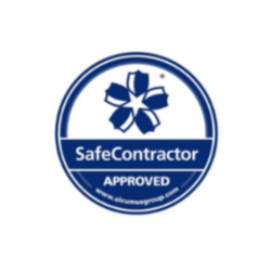 Safe Contractor approved badge with a blue flower-like logo and blue text