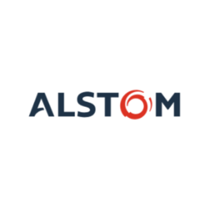 Alstom logo with the company name in dark blue and a red circle element