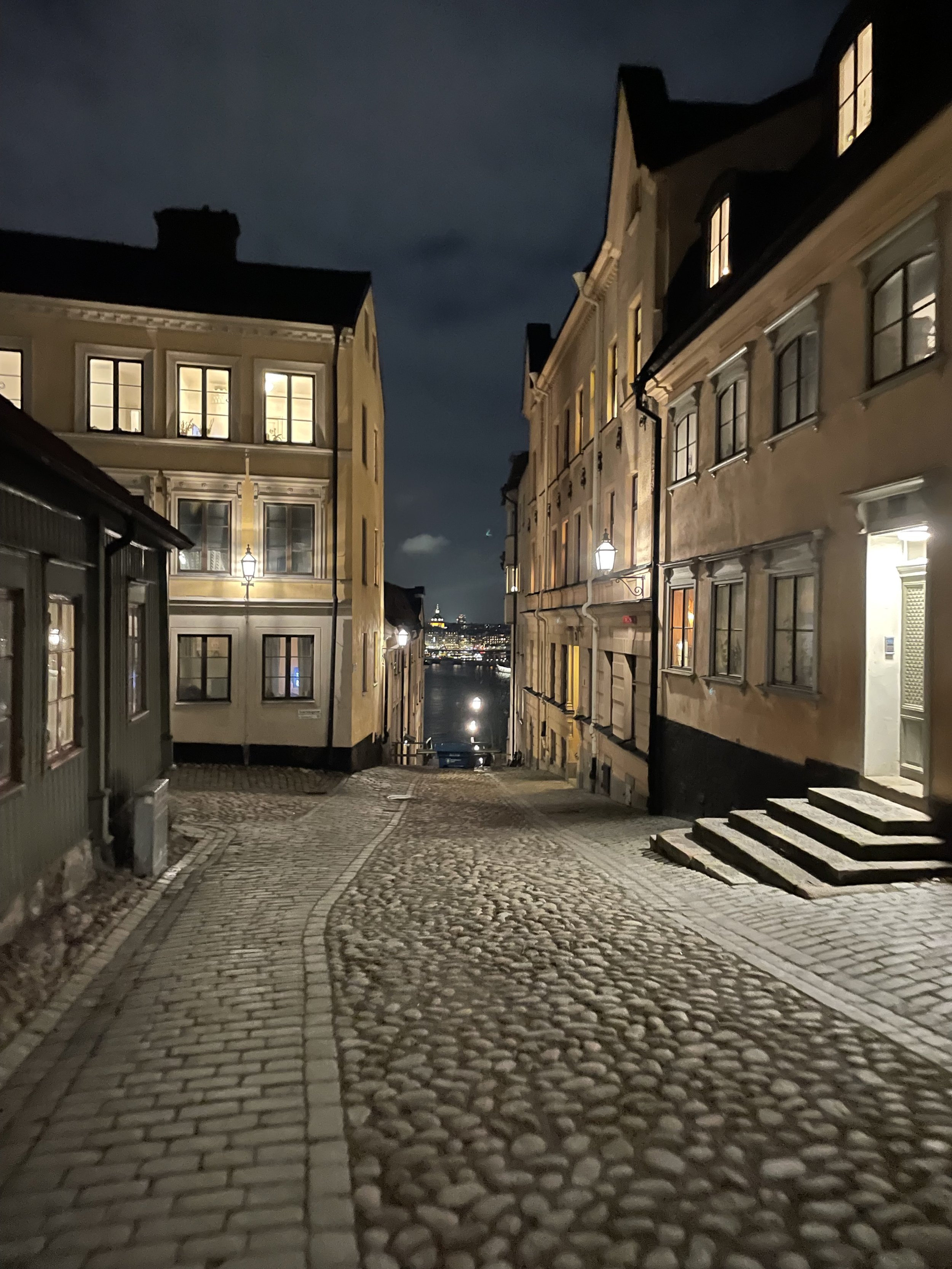 Nighttime view of a narrow cobblestone street flanked by old buildings with lit windows, leading to a body of water with city lights in the distance.