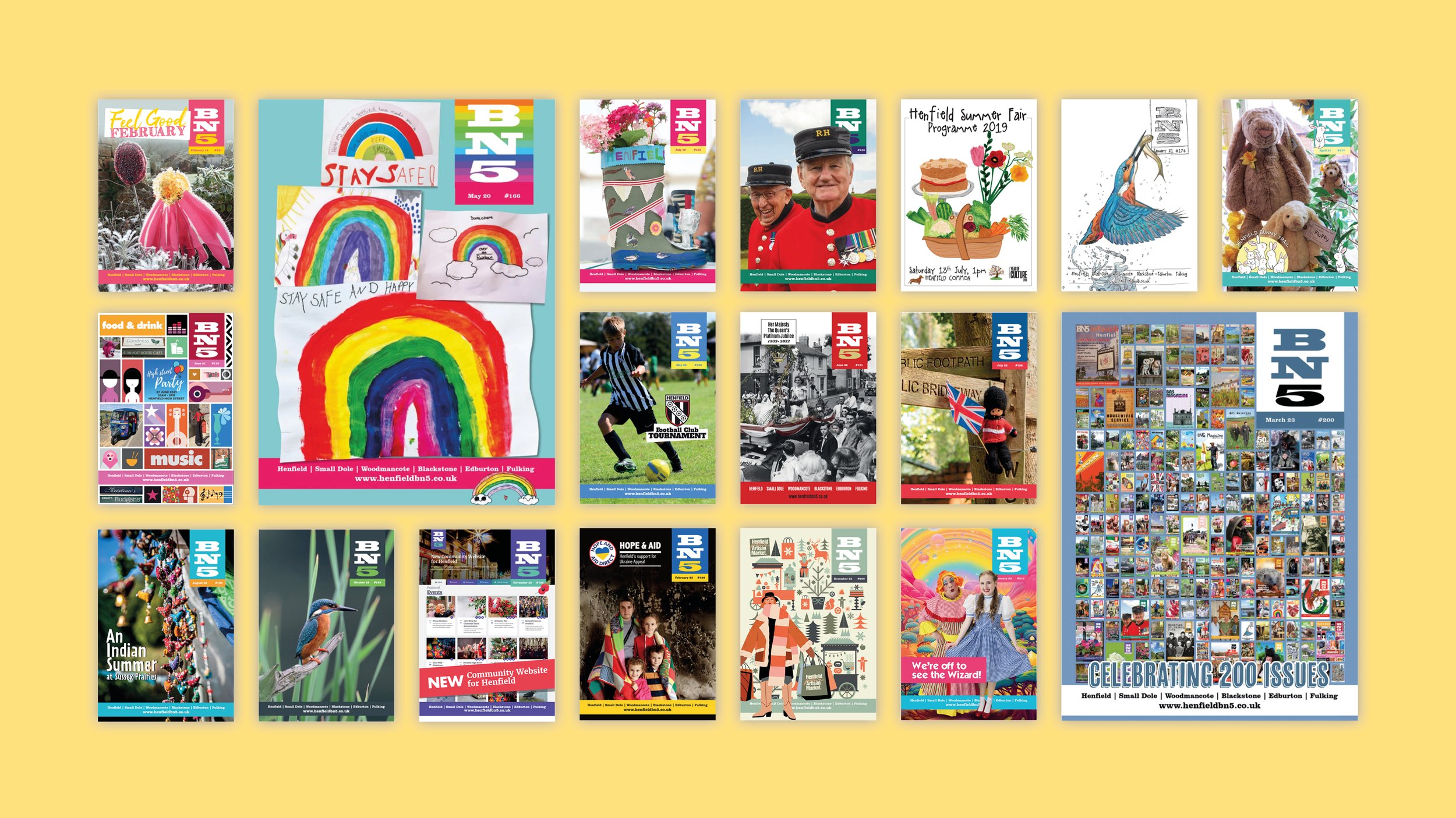 A collection of colourful covers of BN5 Magazine on a pale yellow background.
