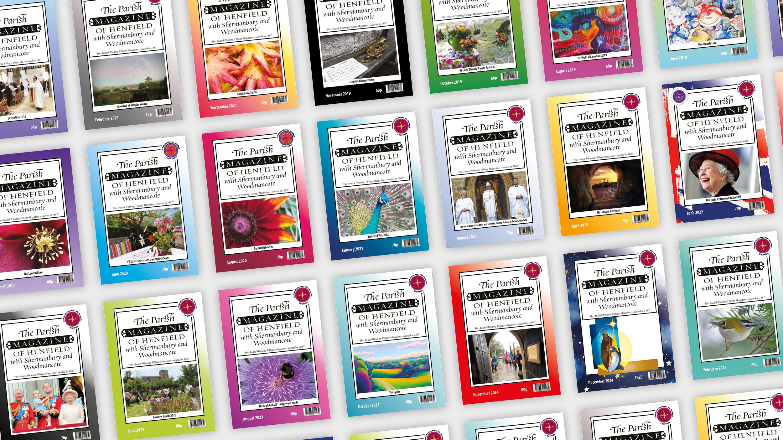 Collection of various colorful magazine covers for 'The Parish Magazine of Henfield' displayed in a grid, featuring topics like flowers, landscapes, community events, and local scenery.