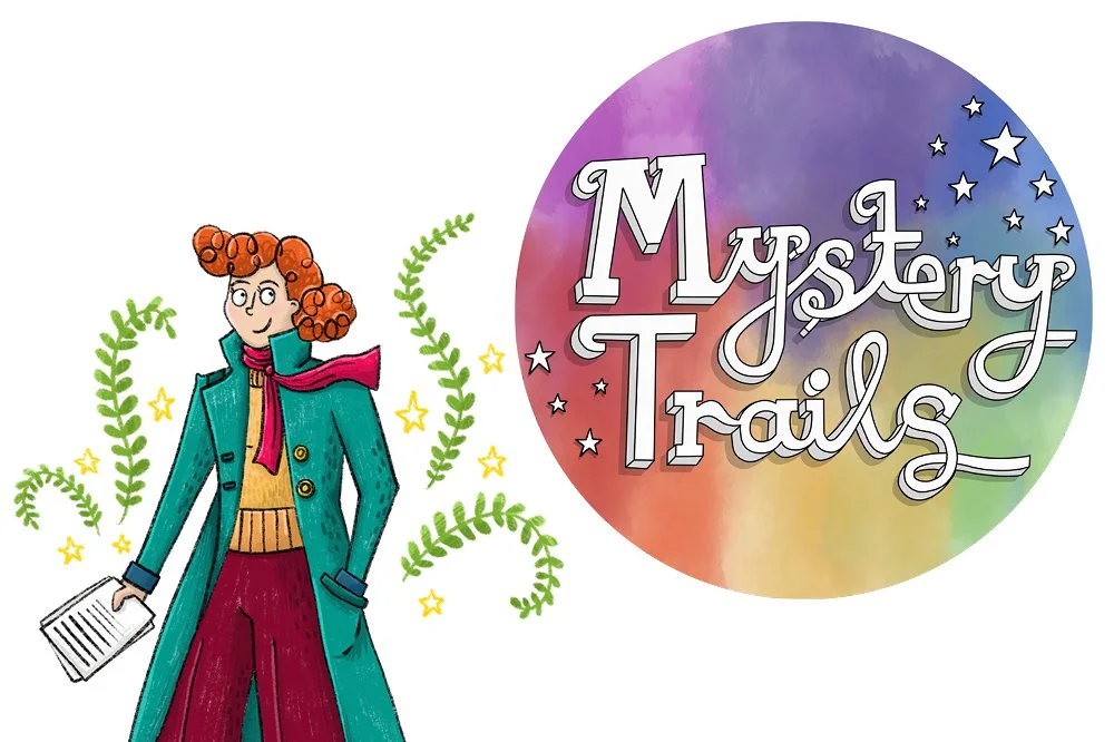 A cartoon illustration of a woman with curly red hair wearing a teal coat, yellow sweater, red pants, and a pink scarf, holding a paper, next to a colorful circle with the words "Mystery Trails" inside, surrounded by stars and green leafy vines.