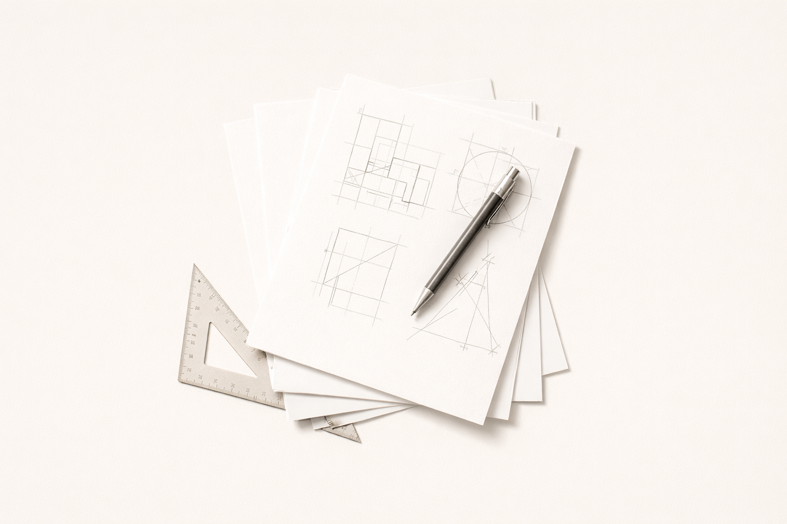 Fogli con disegni tecnici e una penna sopra, accanto un set square sulla superficie bianca.