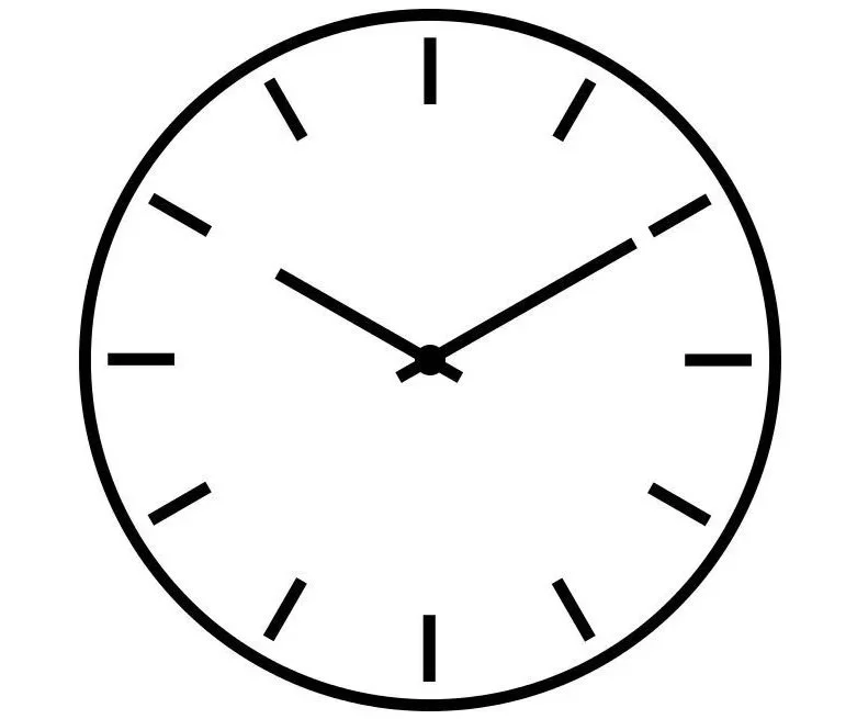 An analog clock showing the time as 10:10 with a black outline and black hour, minute, and second hands on a white background.