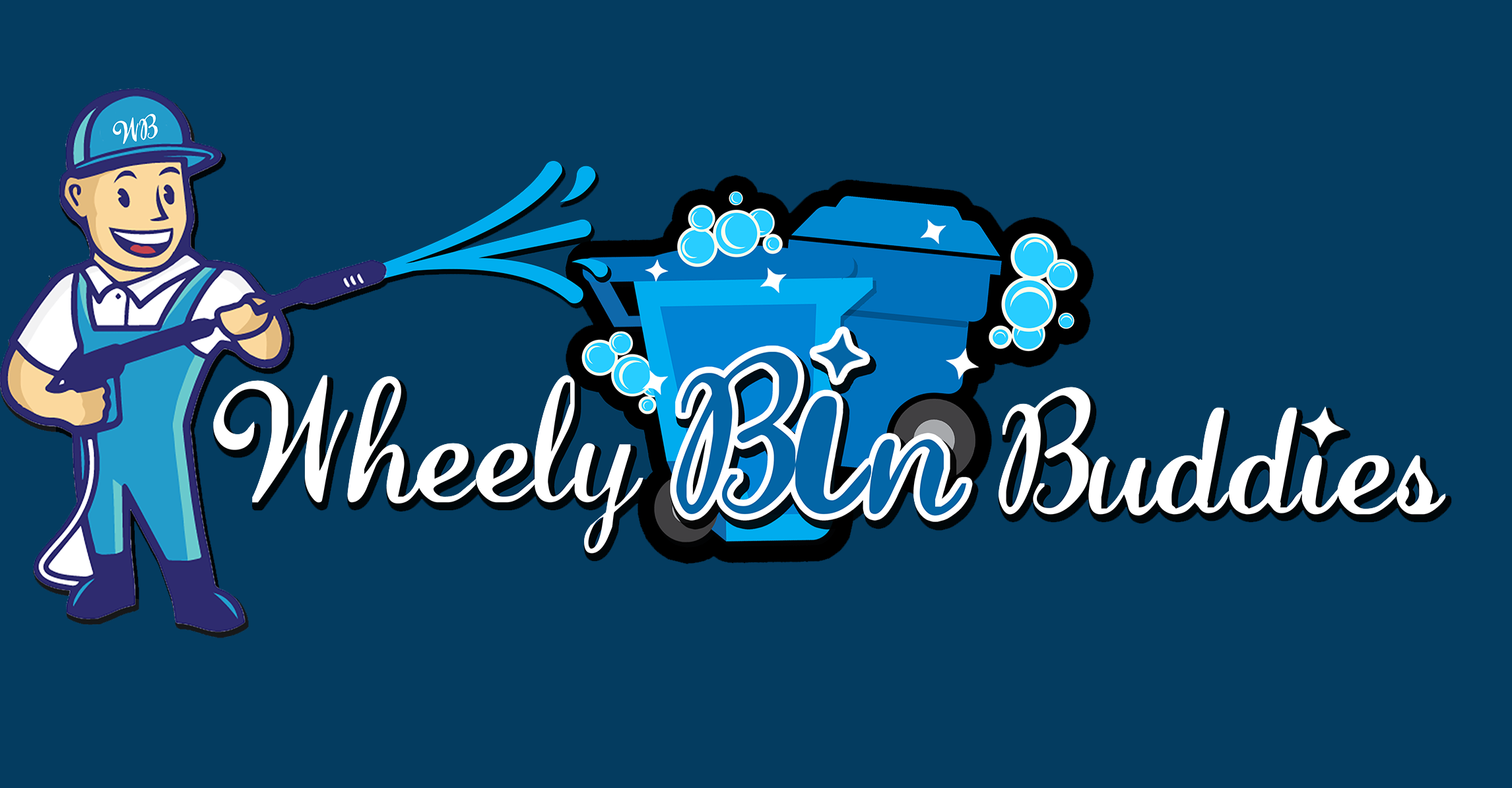 A cartoon character wearing a blue cap and overalls, holding a hose, spraying soap bubbles into a blue washing machine with stars and bubbles, with the text ‘Wheely Bun Buddies’ in cursive.